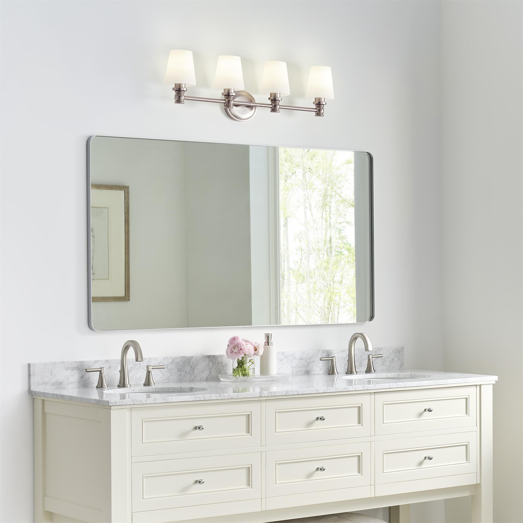 Shown in Satin Nickel finish and Opal Etched Cased glass