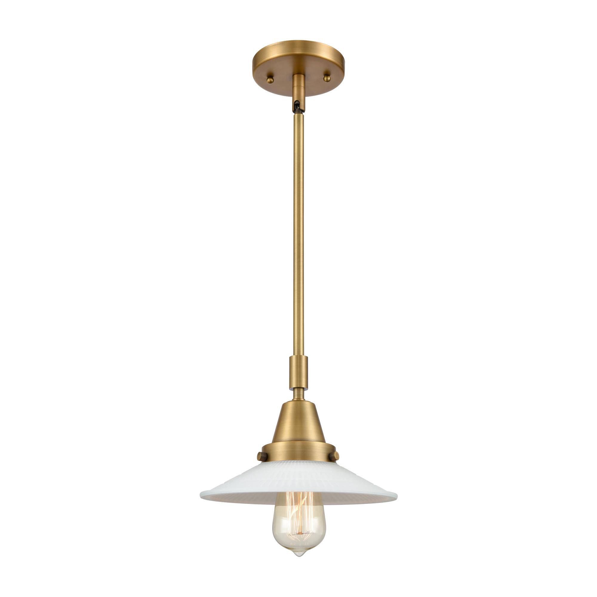 Shown in Brushed Brass finish and White Halophane glass