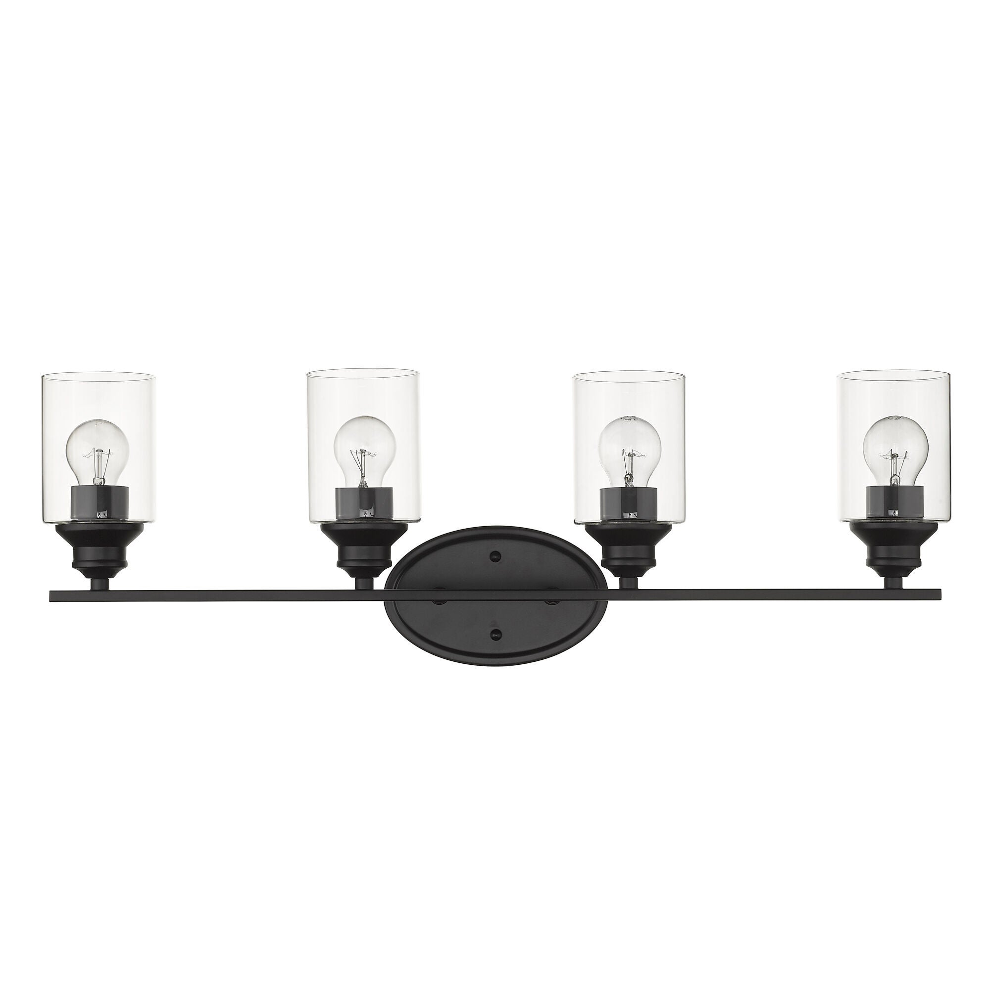 Shown in Matte Black finish and Clear glass and Clear, Cylindrical Glass s shade