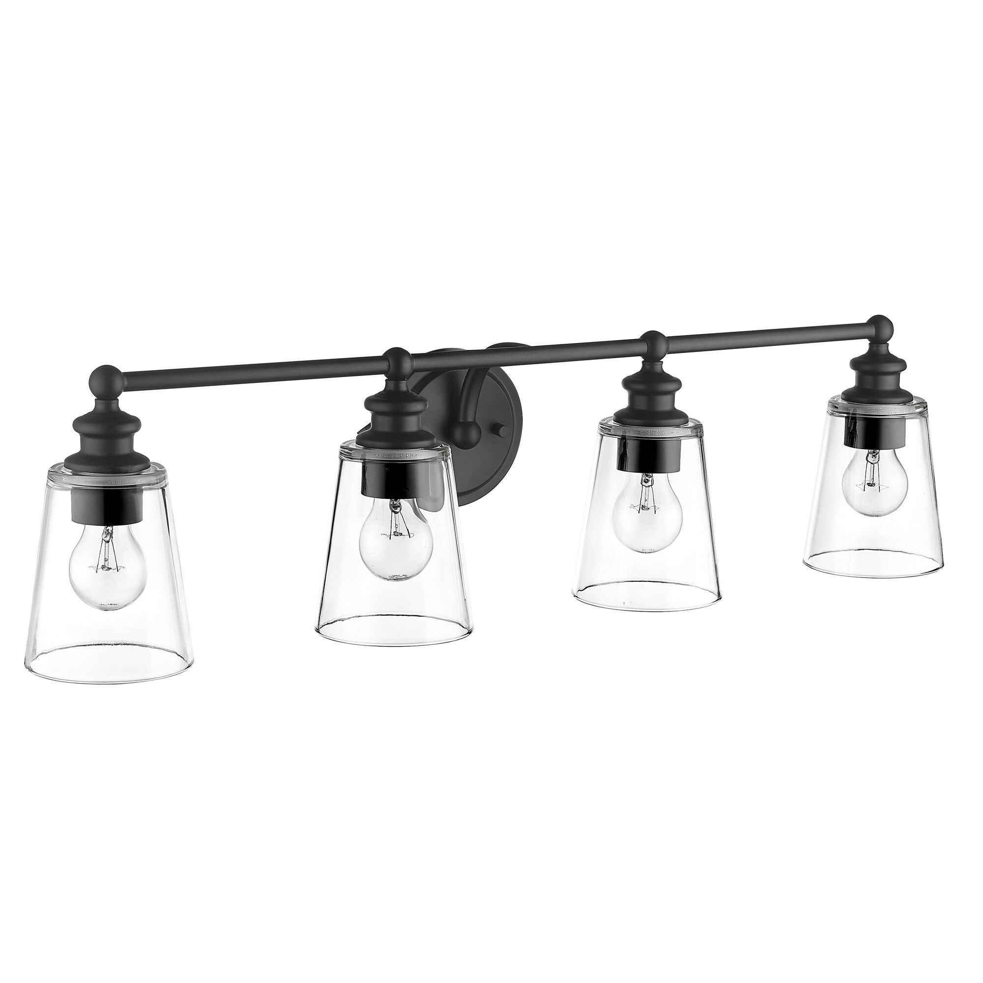 Shown in Matte Black finish and Clear glass and Clear, Cone Shaped Glass shade