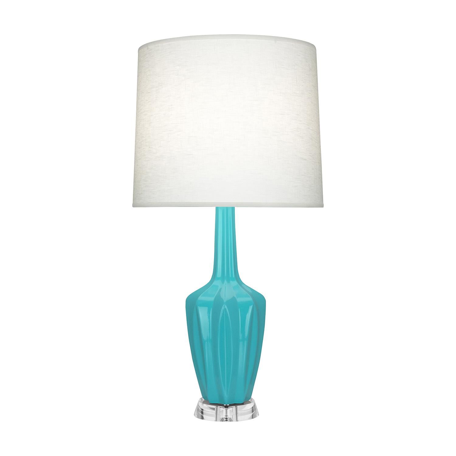 Shown in Egg Blue finish and Off White shade and Polished Nickel with Lucite accent