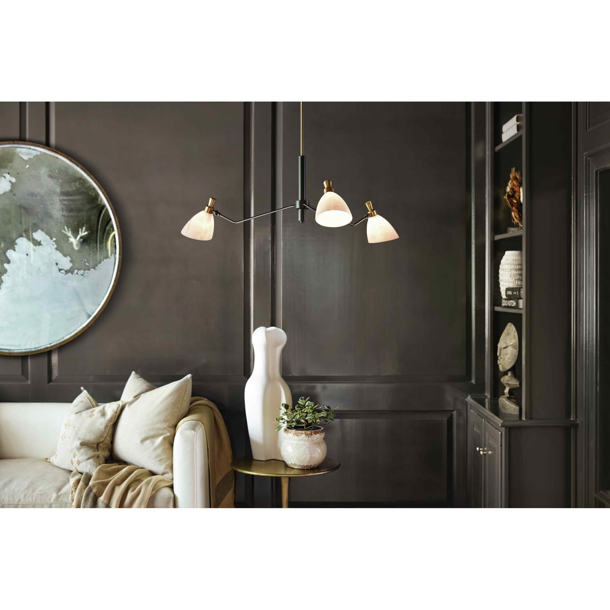 Shown in Heritage Brass finish and Faux Alabaster glass and Black accent