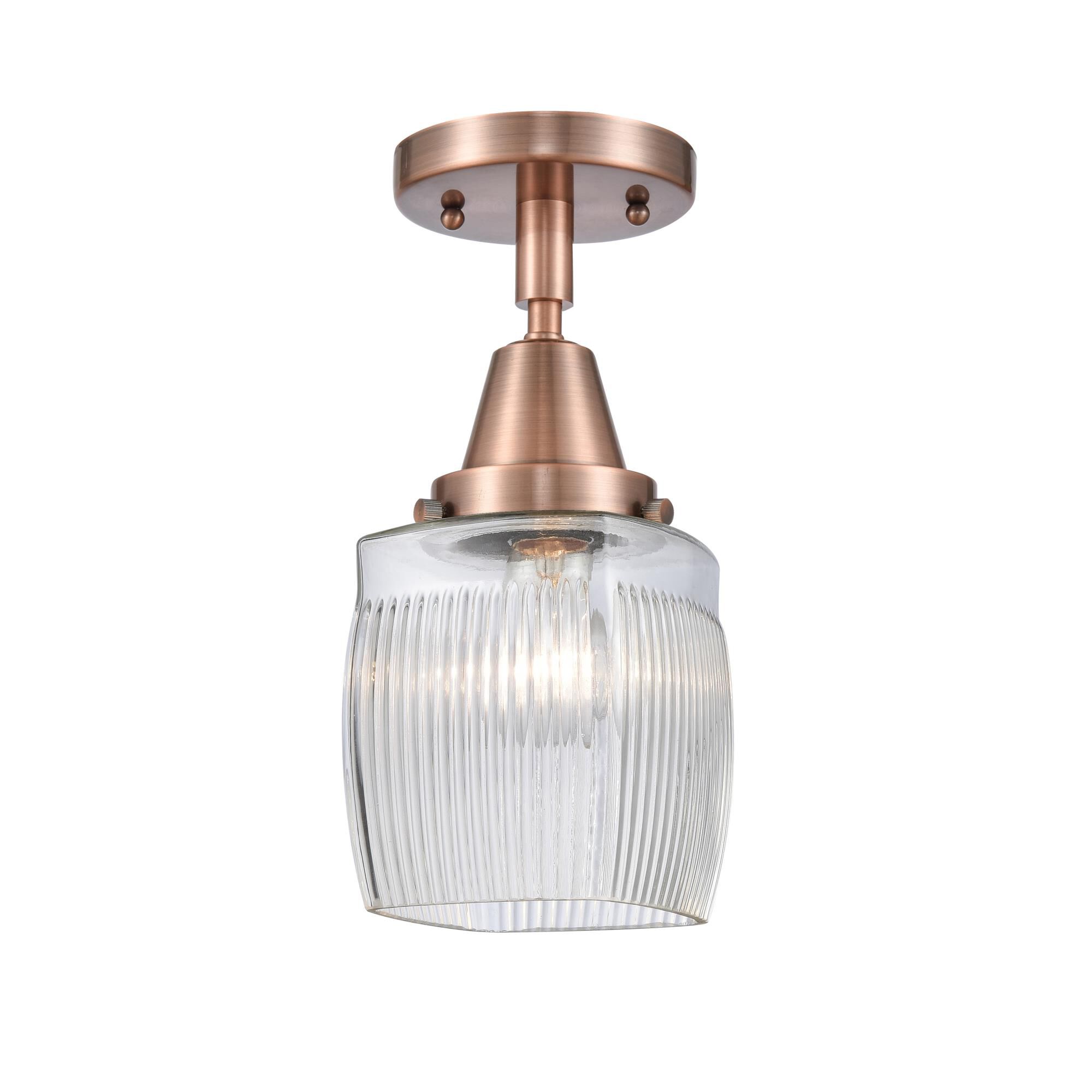 Shown in Antique Copper finish and Thick Clear Halophane Colton glass