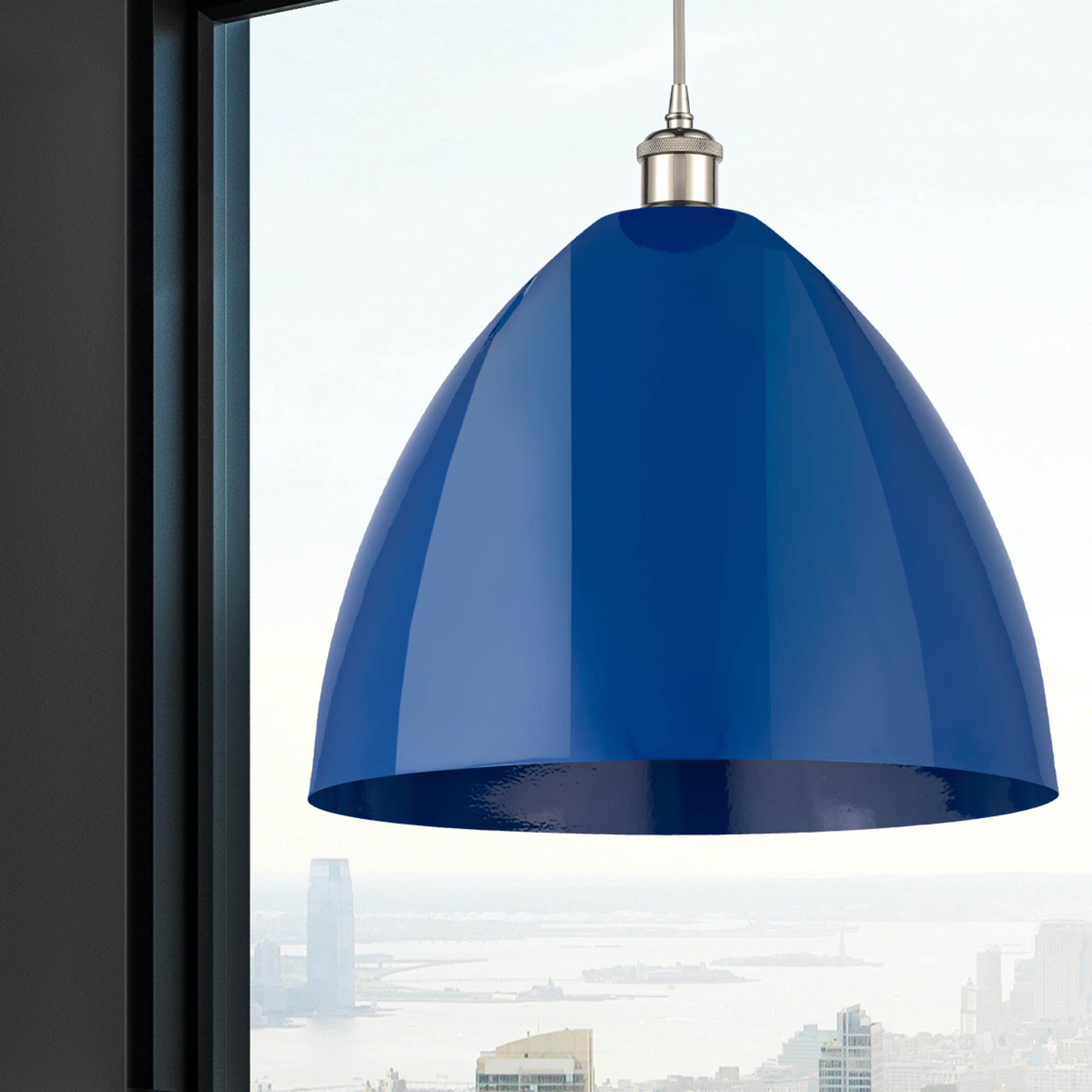 Shown in Polished Nickel finish and Blue Plymouth Dome shade