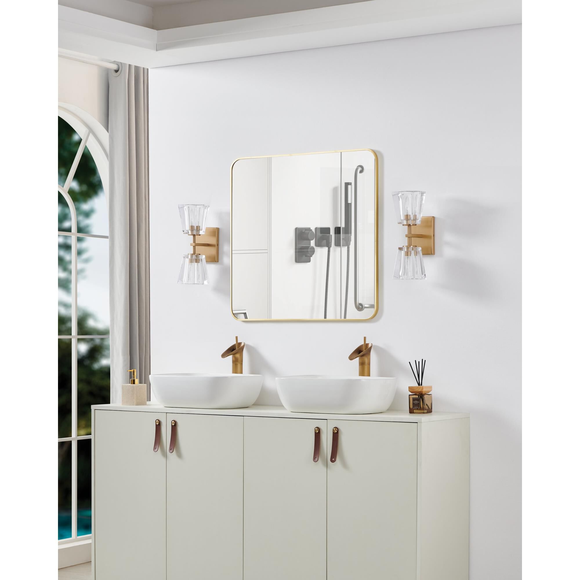 Shown in Champagne Gold finish and Clear Pressed glass