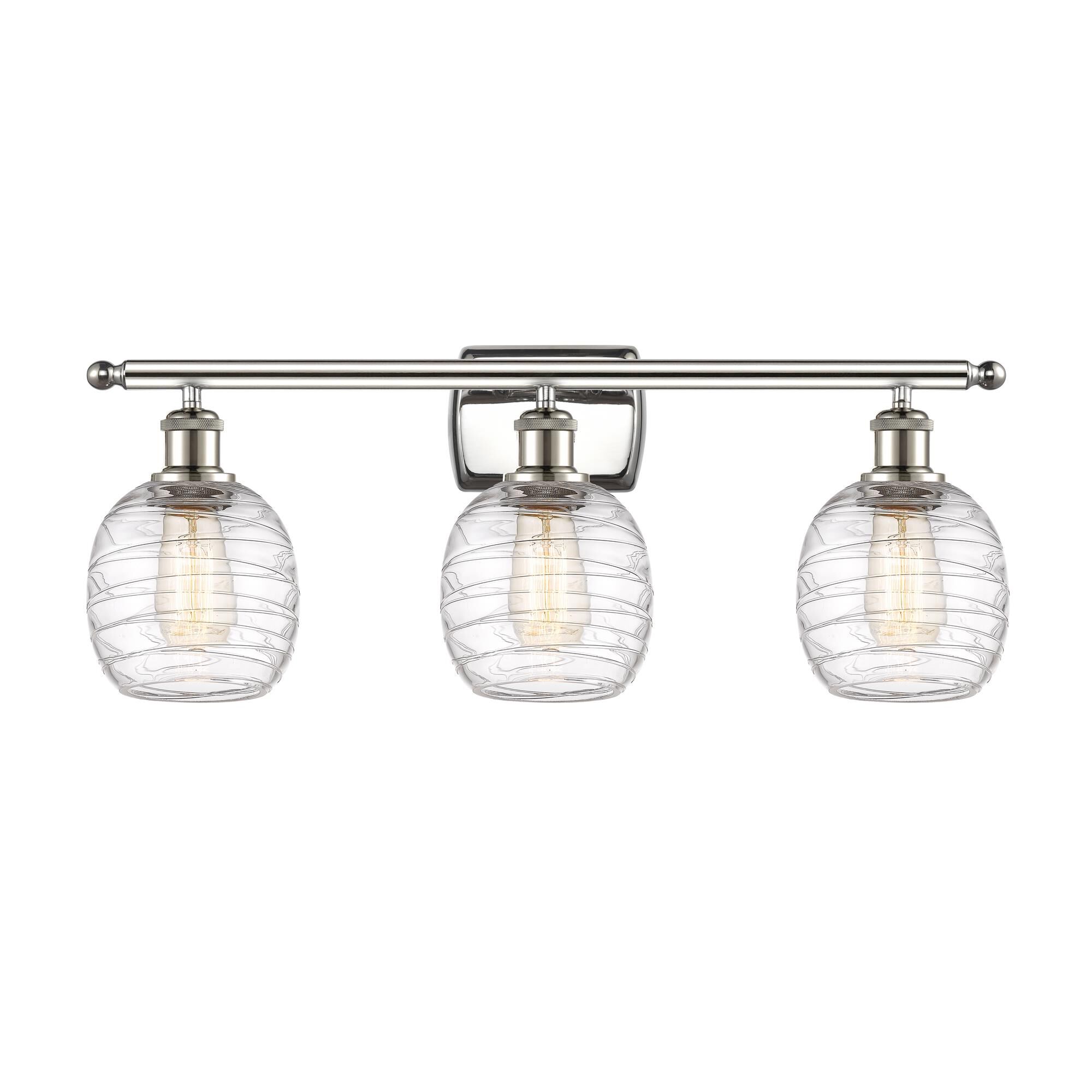 Shown in Polished Nickel finish and Deco Swirl Belfast glass