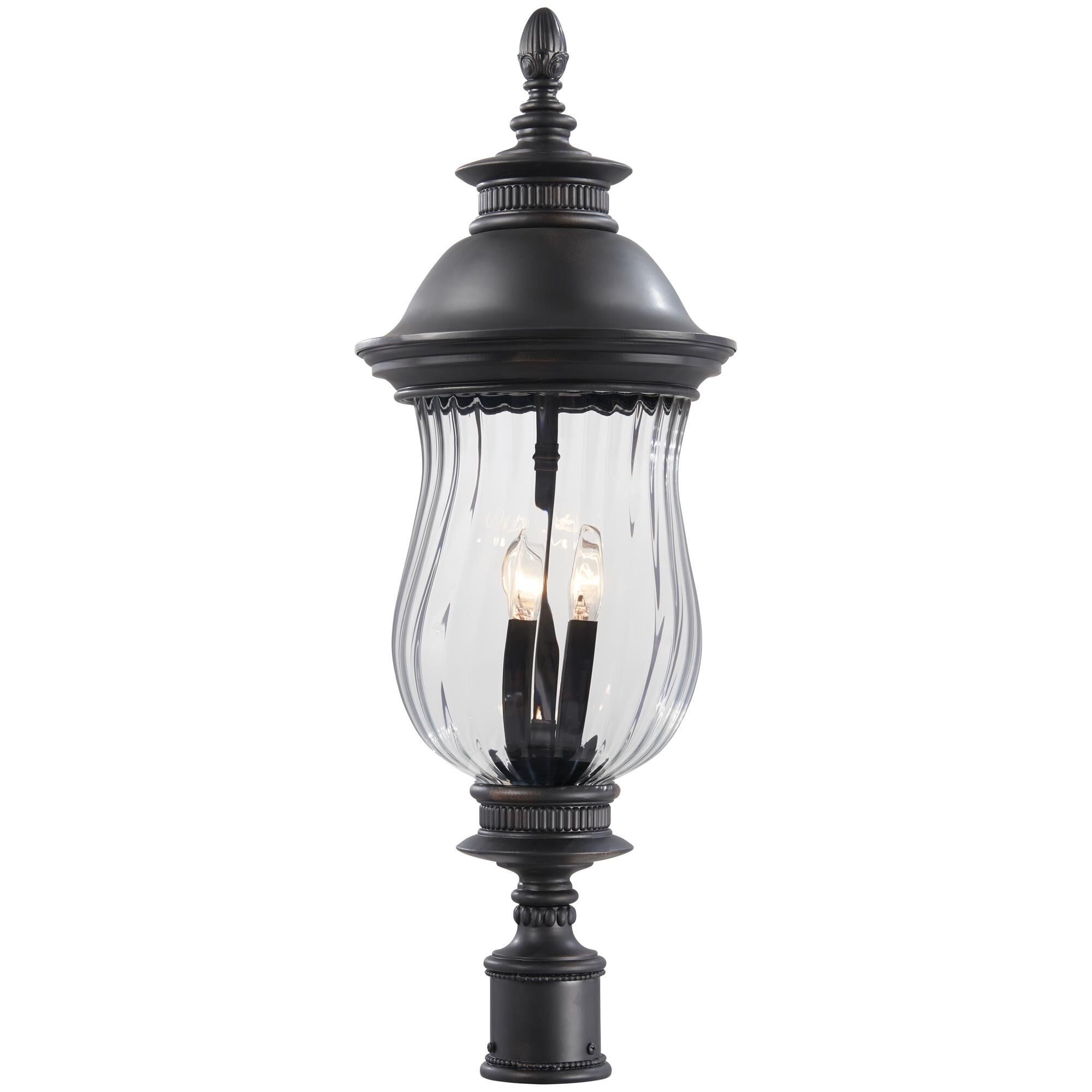 Shown in Heritage finish and Mouth Blown Clear glass and Optic Glass shade
