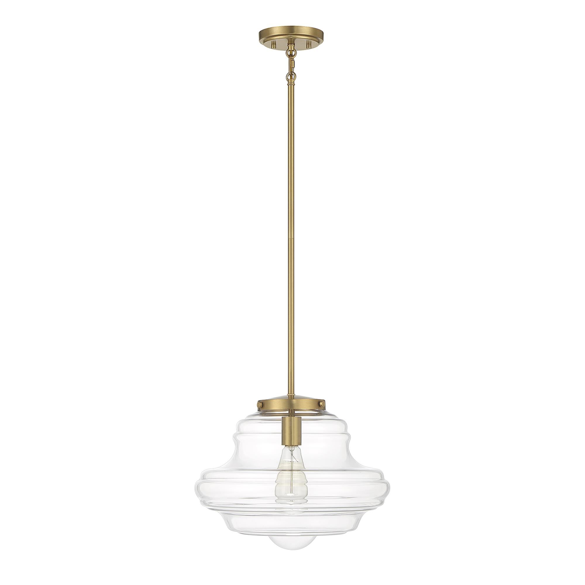 Shown in Natural Brass finish and Clear glass and Glass shade