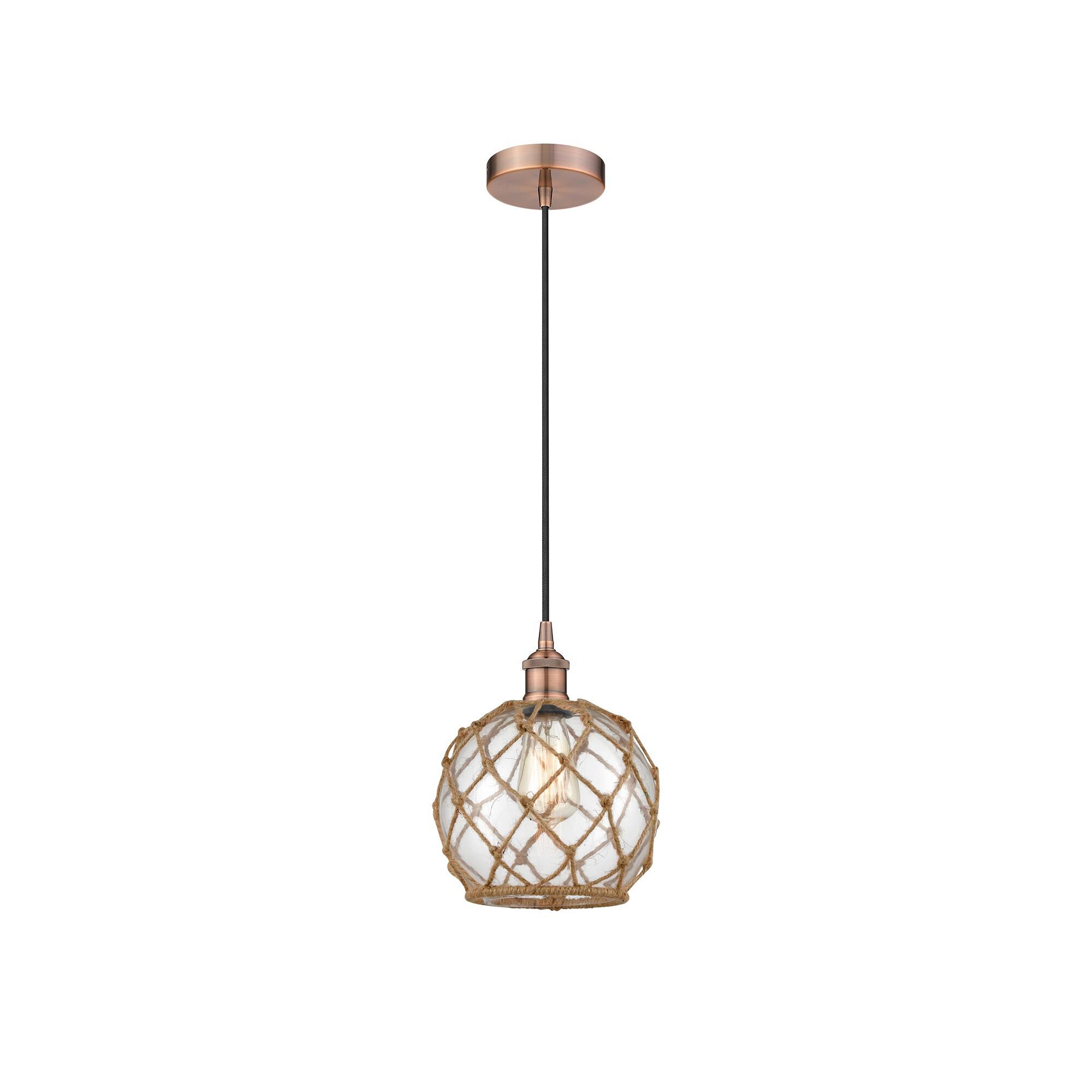 Shown in Antique Copper finish and Clear Farmhouse With Brown Rope glass