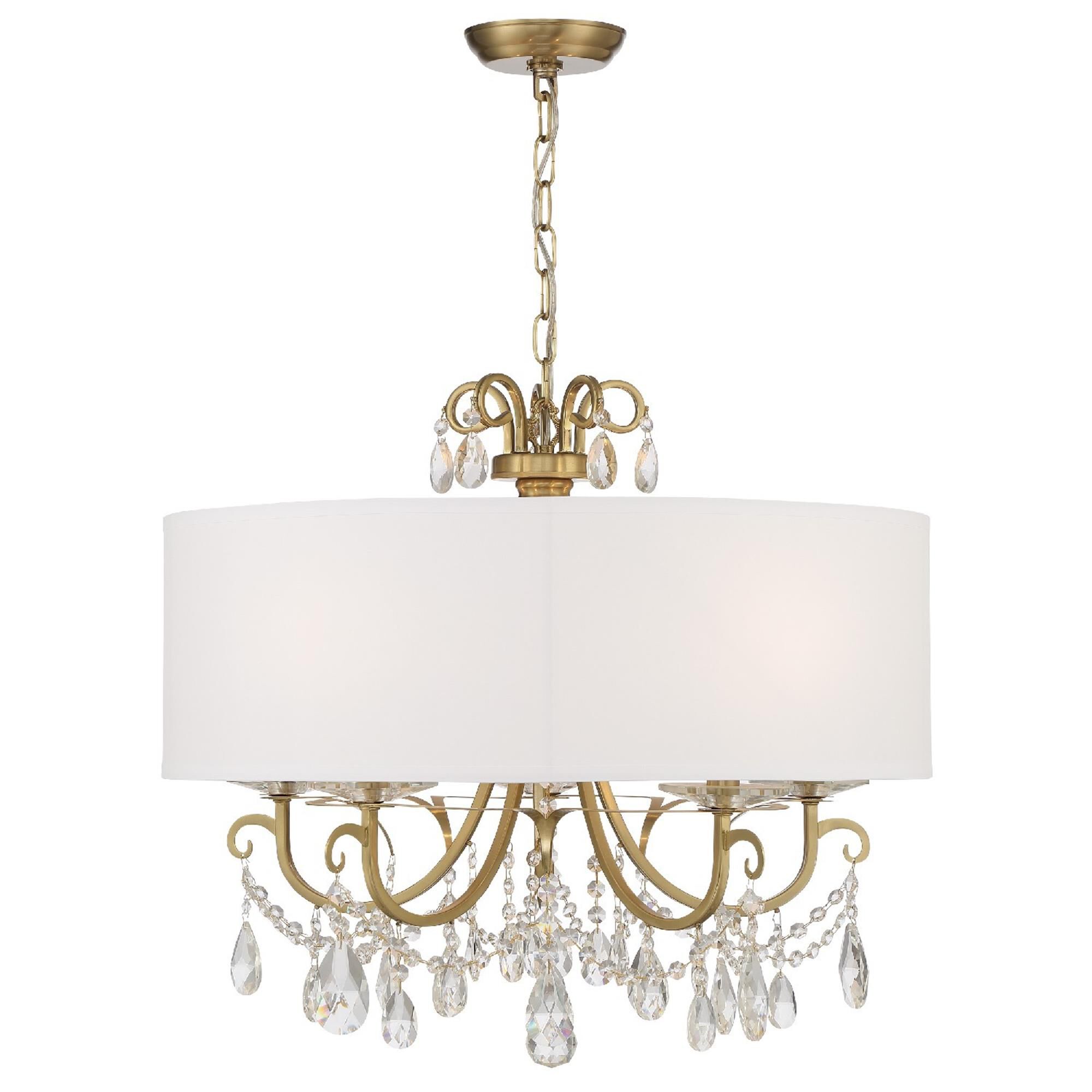 Shown in Vibrant Gold finish and Hand Cut Crystal crystal and Silk glass and White shade