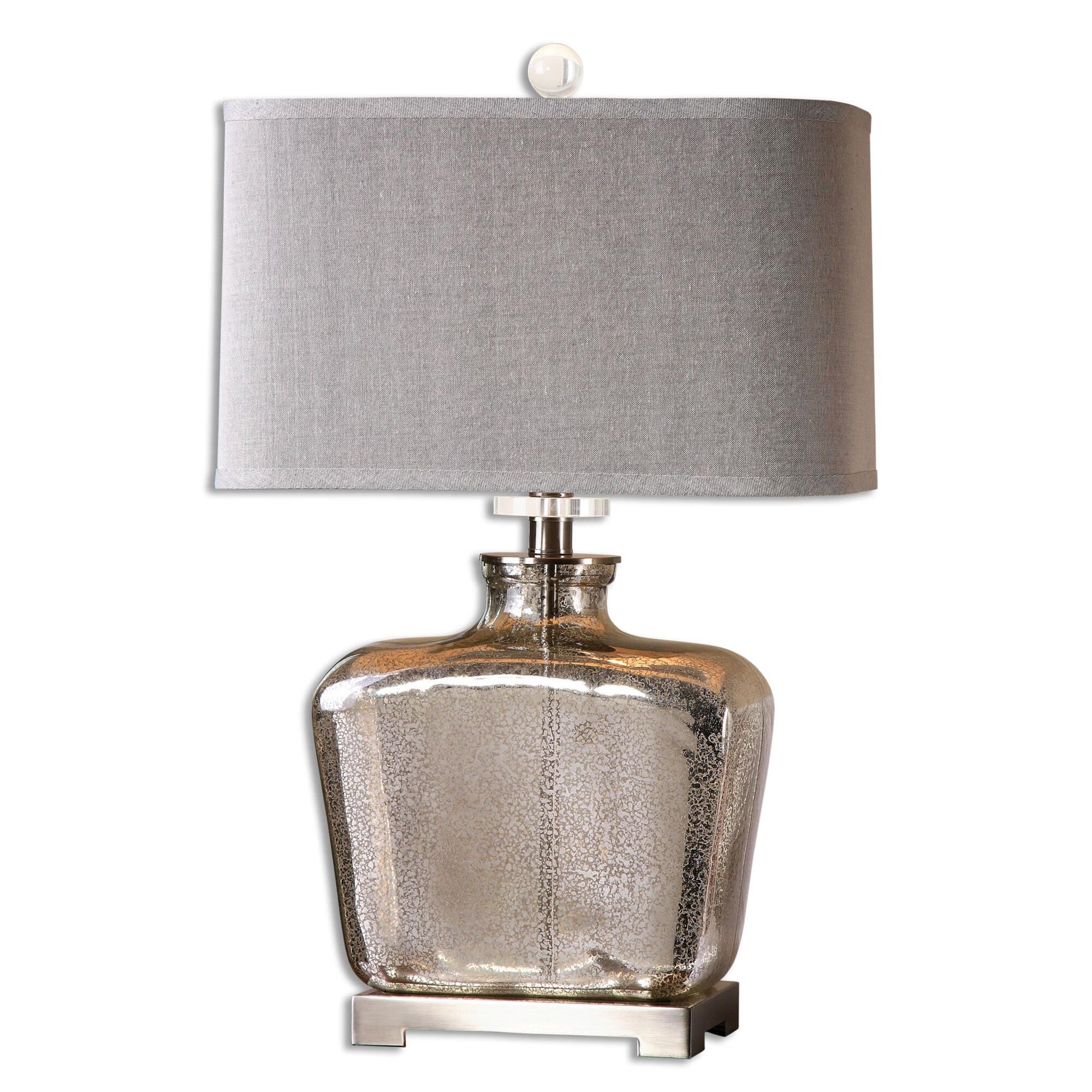 Shown in Brushed Nickel finish and Speckled Mercury glass and Light Beige shade