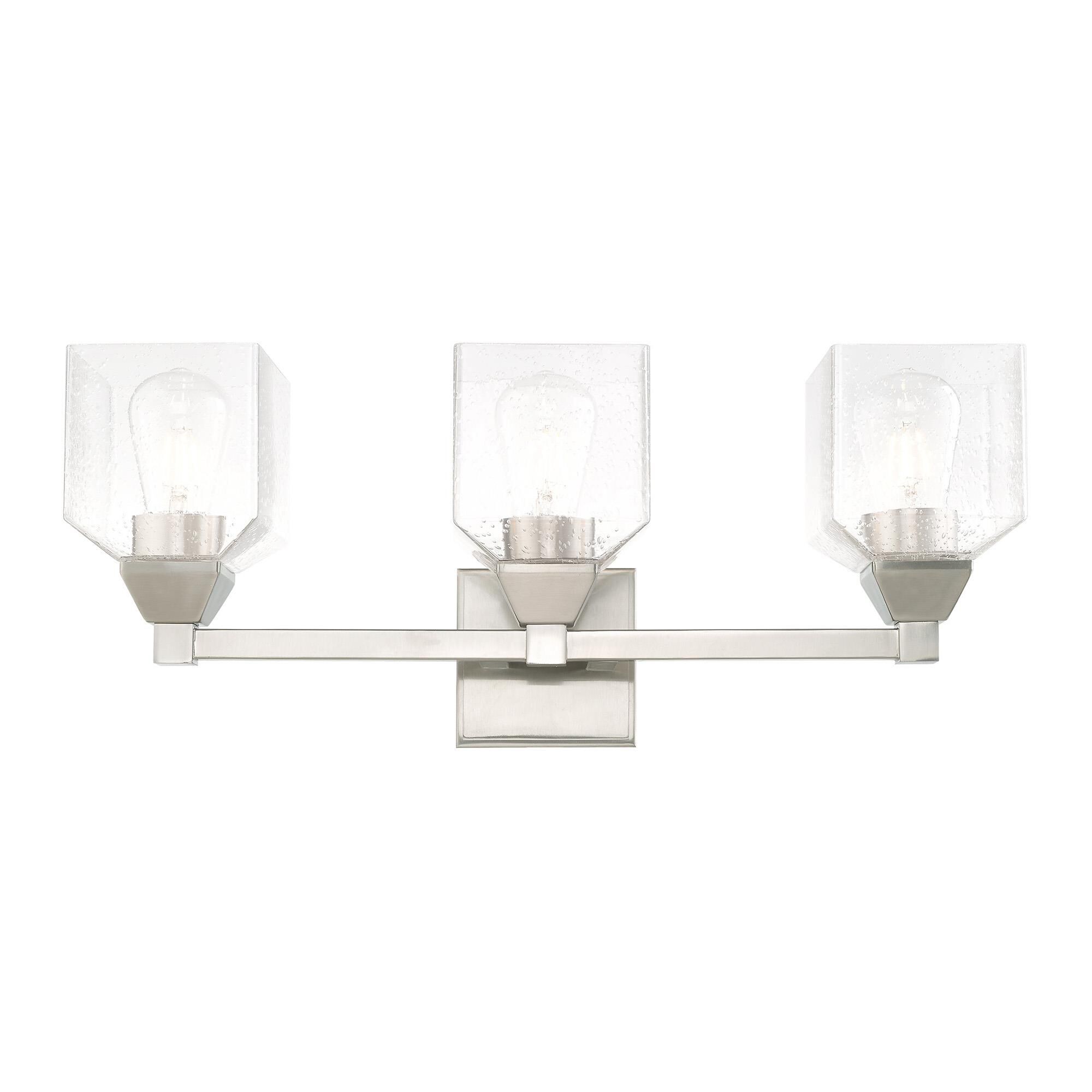 Shown in Brushed Nickel finish and Hand Blown Clear Seeded glass