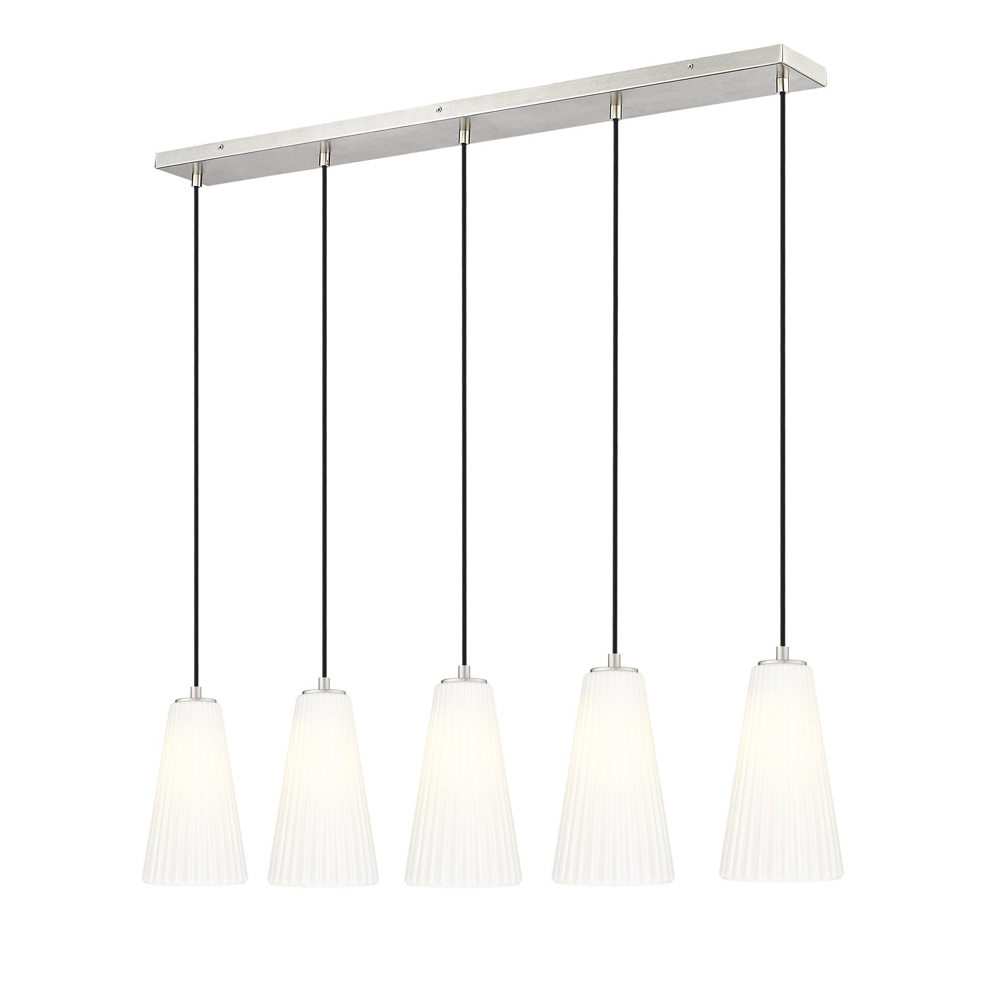 Shown in Brushed Nickel finish and White glass and White shade