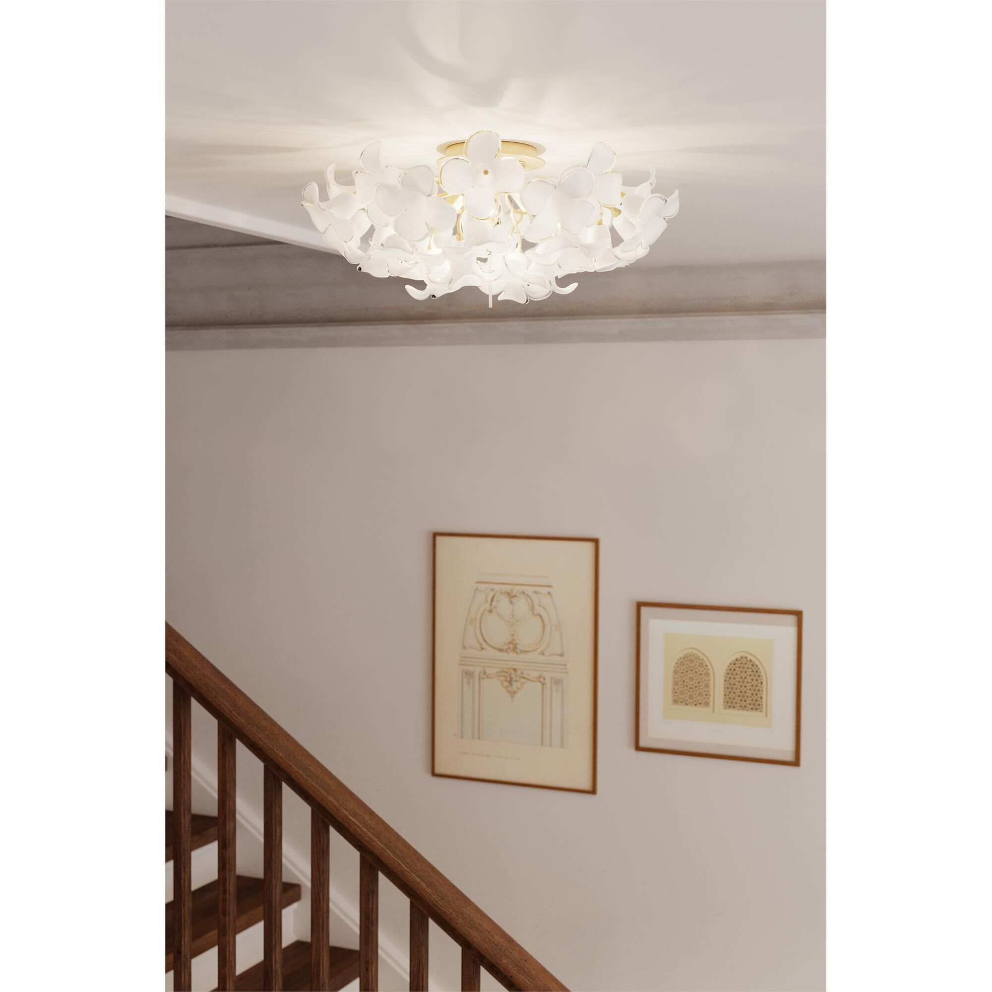 Shown in Legacy Brass finish and White Swirl glass