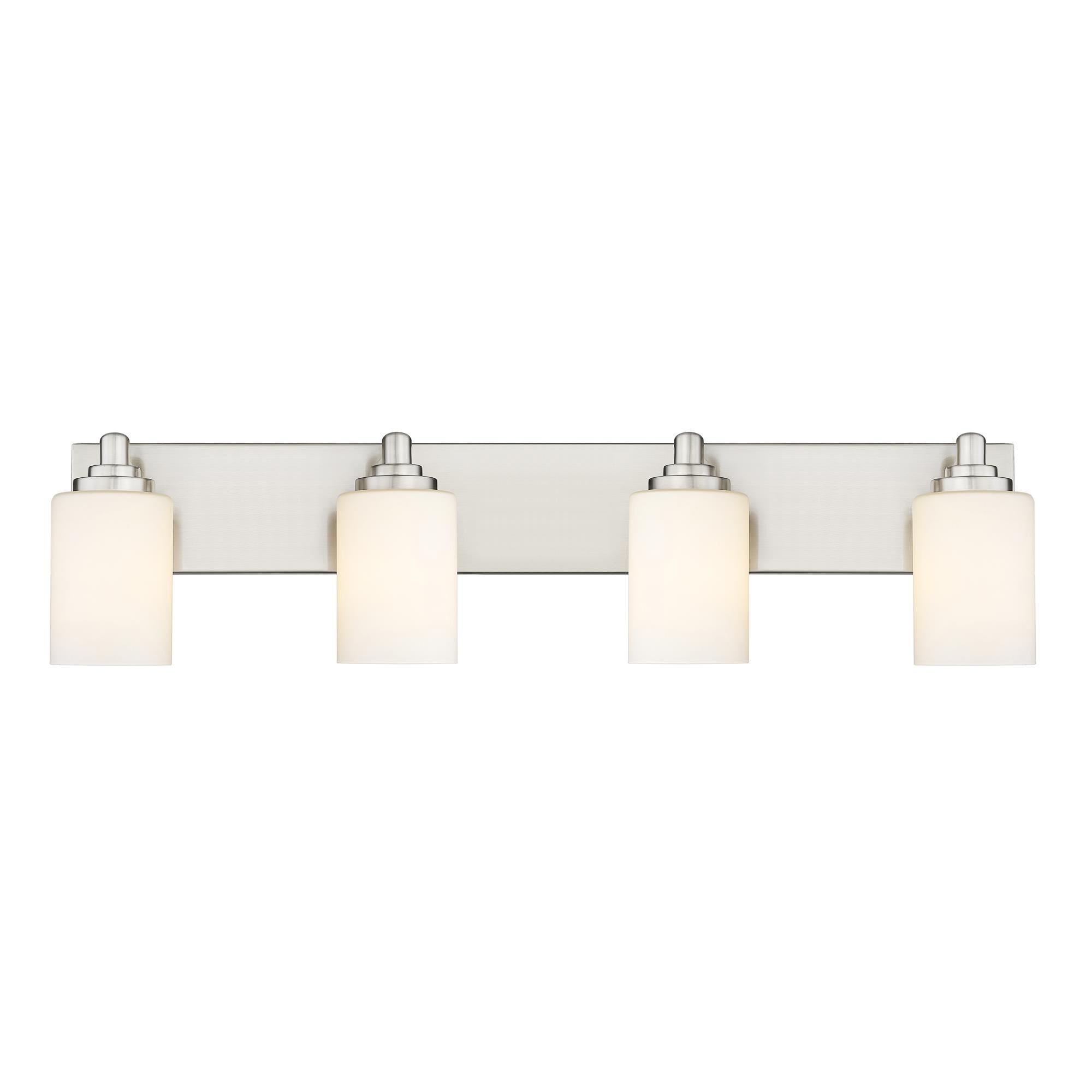 Shown in Brushed Nickel finish and White glass