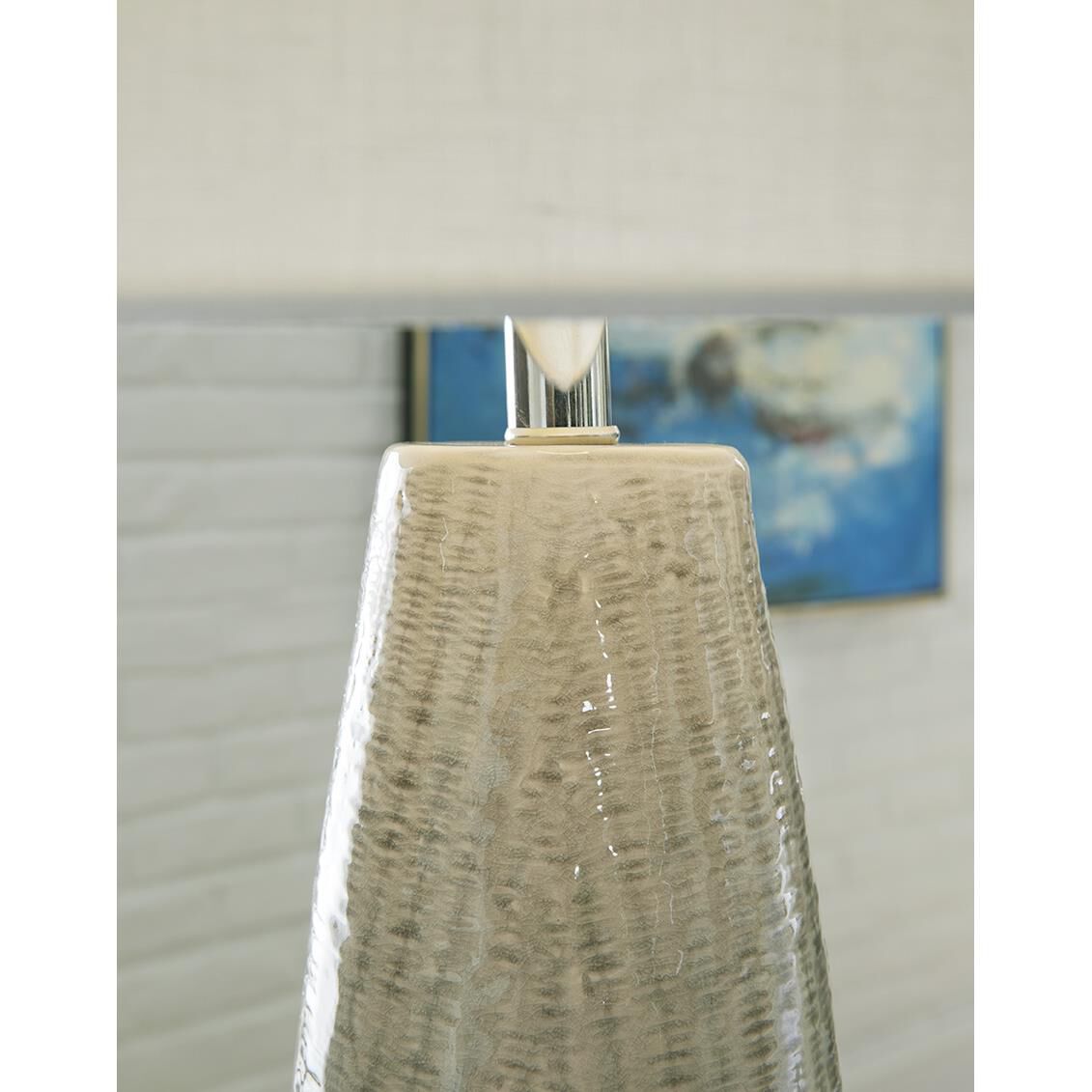 Shown in Polished Nickel finish and Seasalt glass and Seasalt Linen Tapered Drum shade