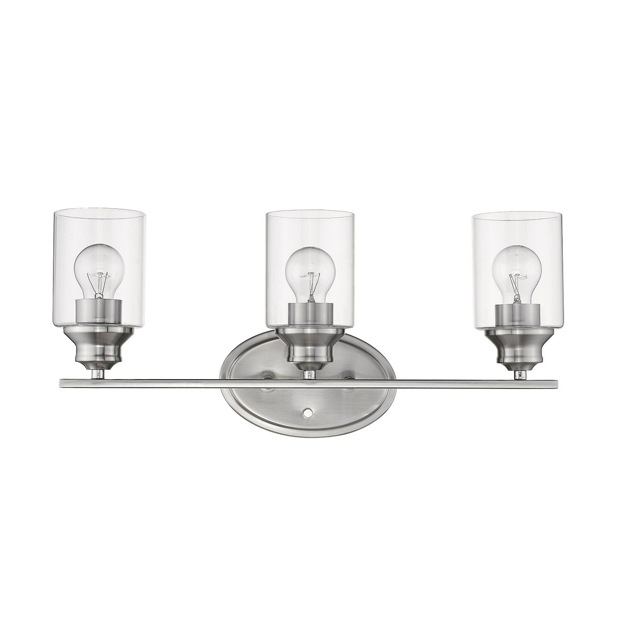 Shown in Satin Nickel finish and Clear glass and Clear, Cylindrical Glass s shade