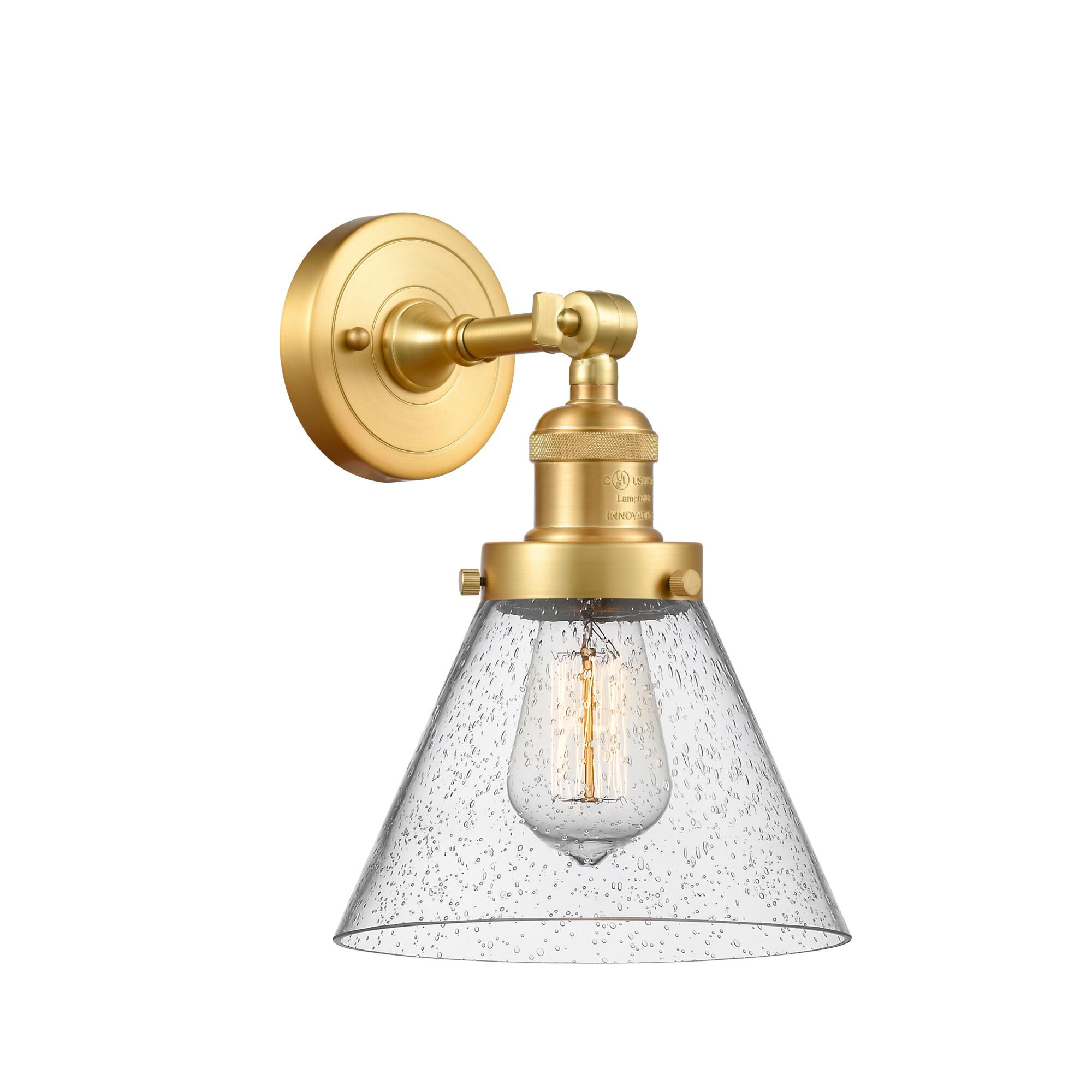 Shown in Satin Gold finish and Seedy Large Cone glass