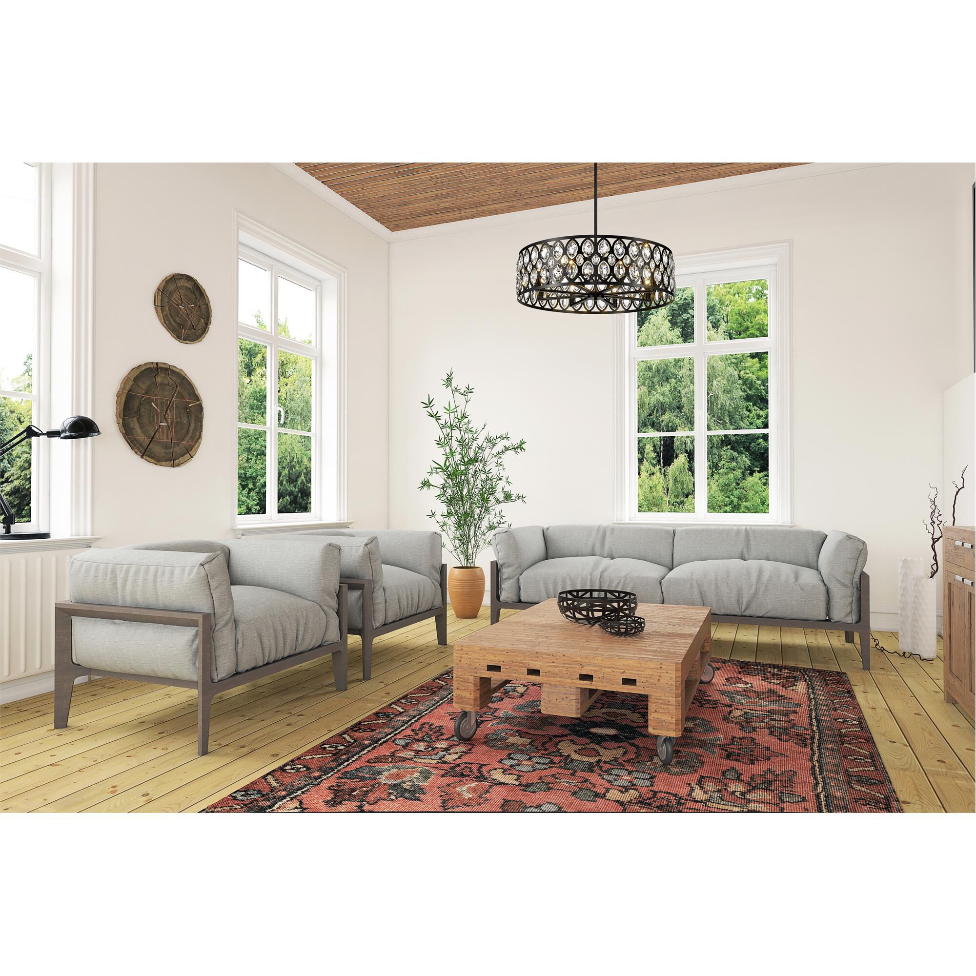 Shown in Matte Black finish and Steel + K9 Crystal glass and Steel + K9 Crystal shade