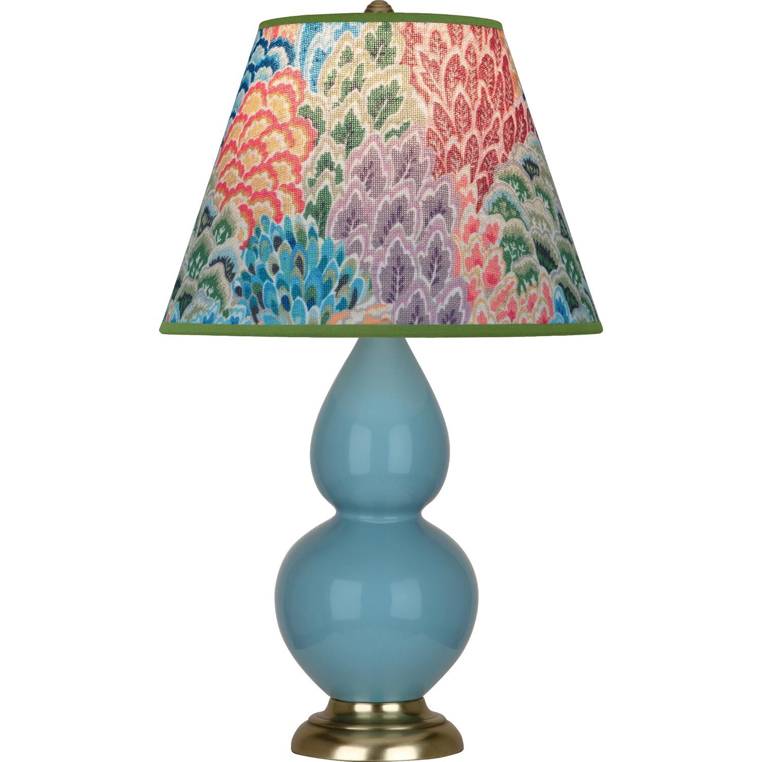 Shown in Steel Blue finish and Multicolor shade and Antique Brass accent