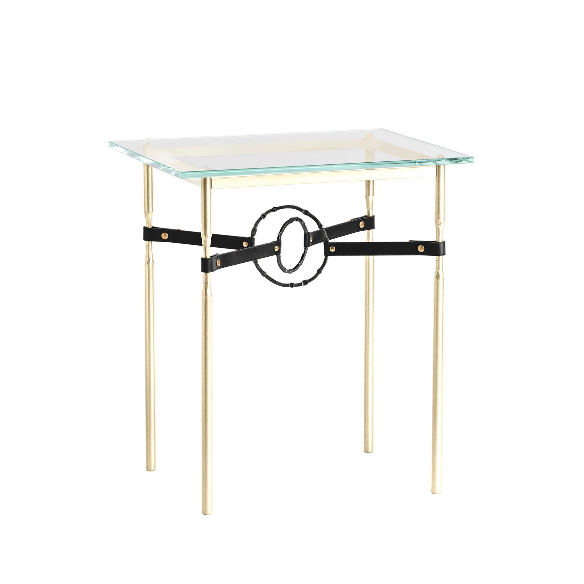 Shown in Modern Brass finish and Black Metal Detail with Black Leather accent