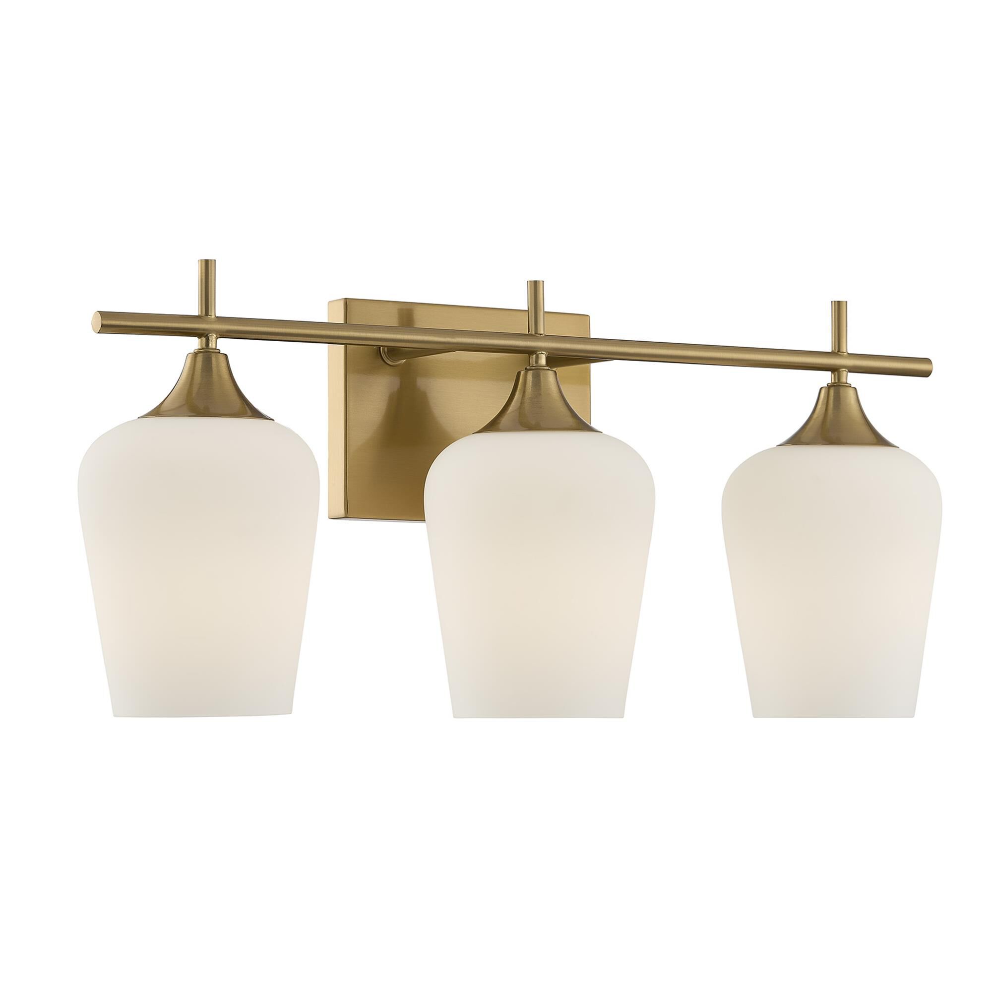 Shown in Warm Brass finish and White Opal glass