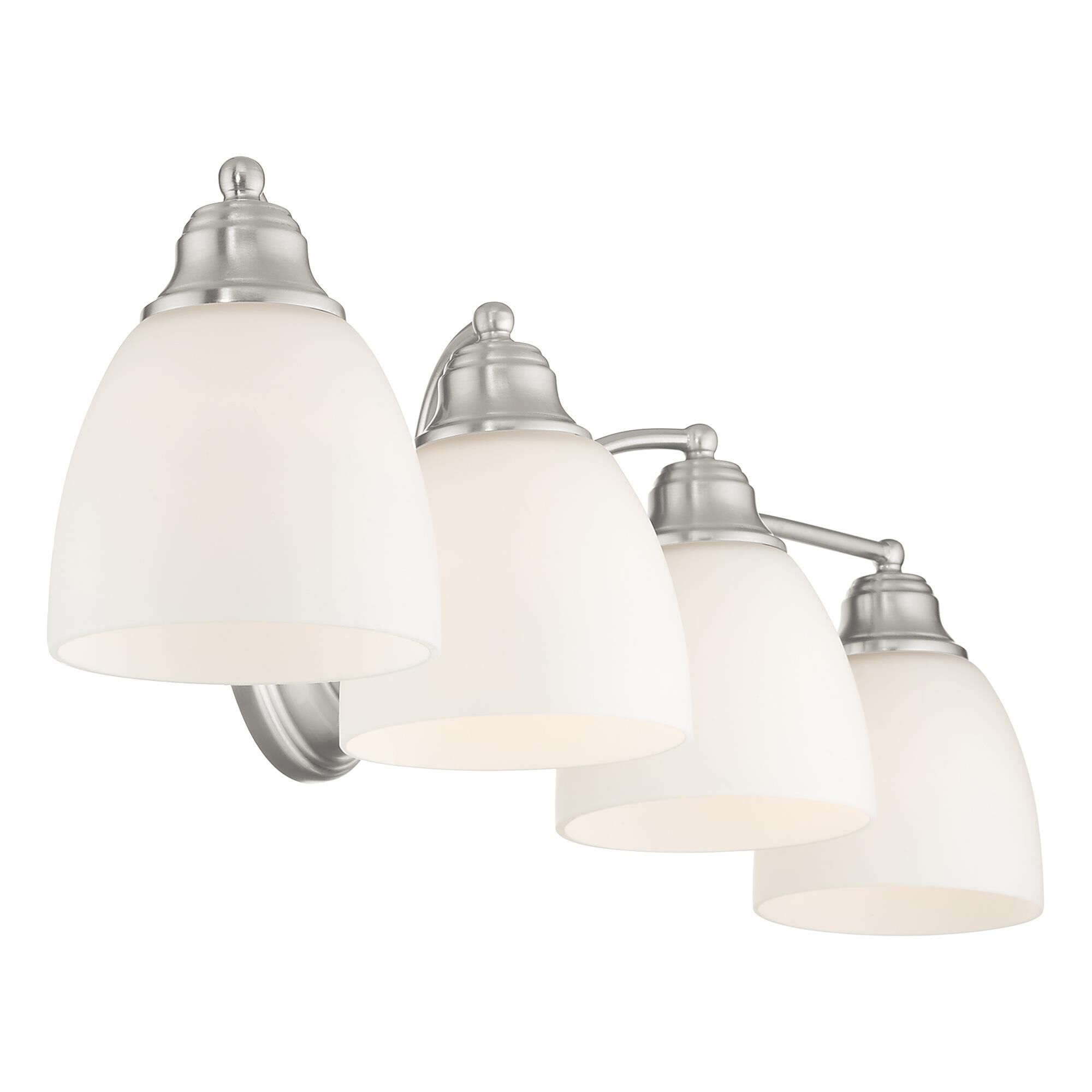 Shown in Brushed Nickel finish and Hand Blown Satin Opal White glass