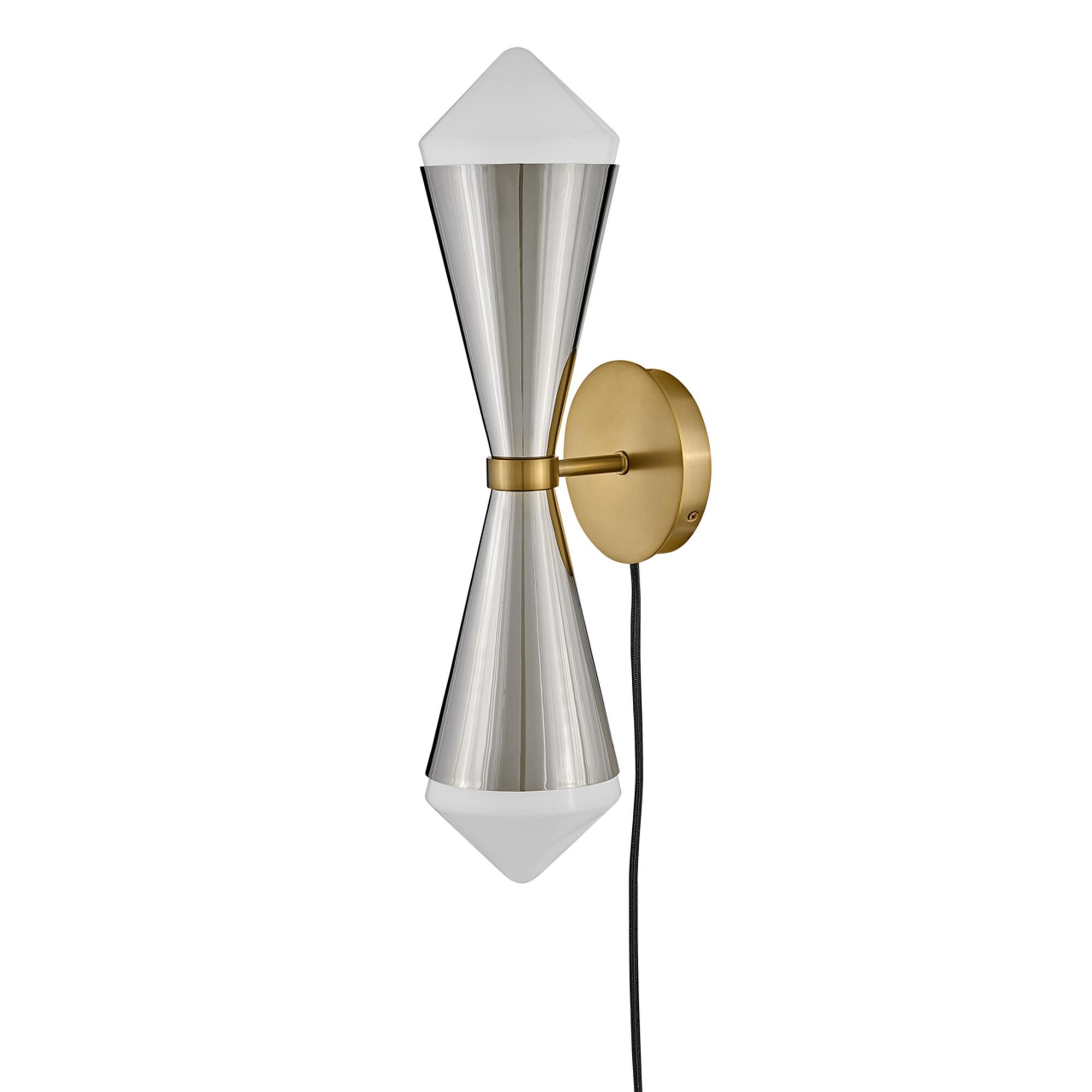 Shown in Polished Nickel finish and Cased Opal White glass and Lacquered Brass accent