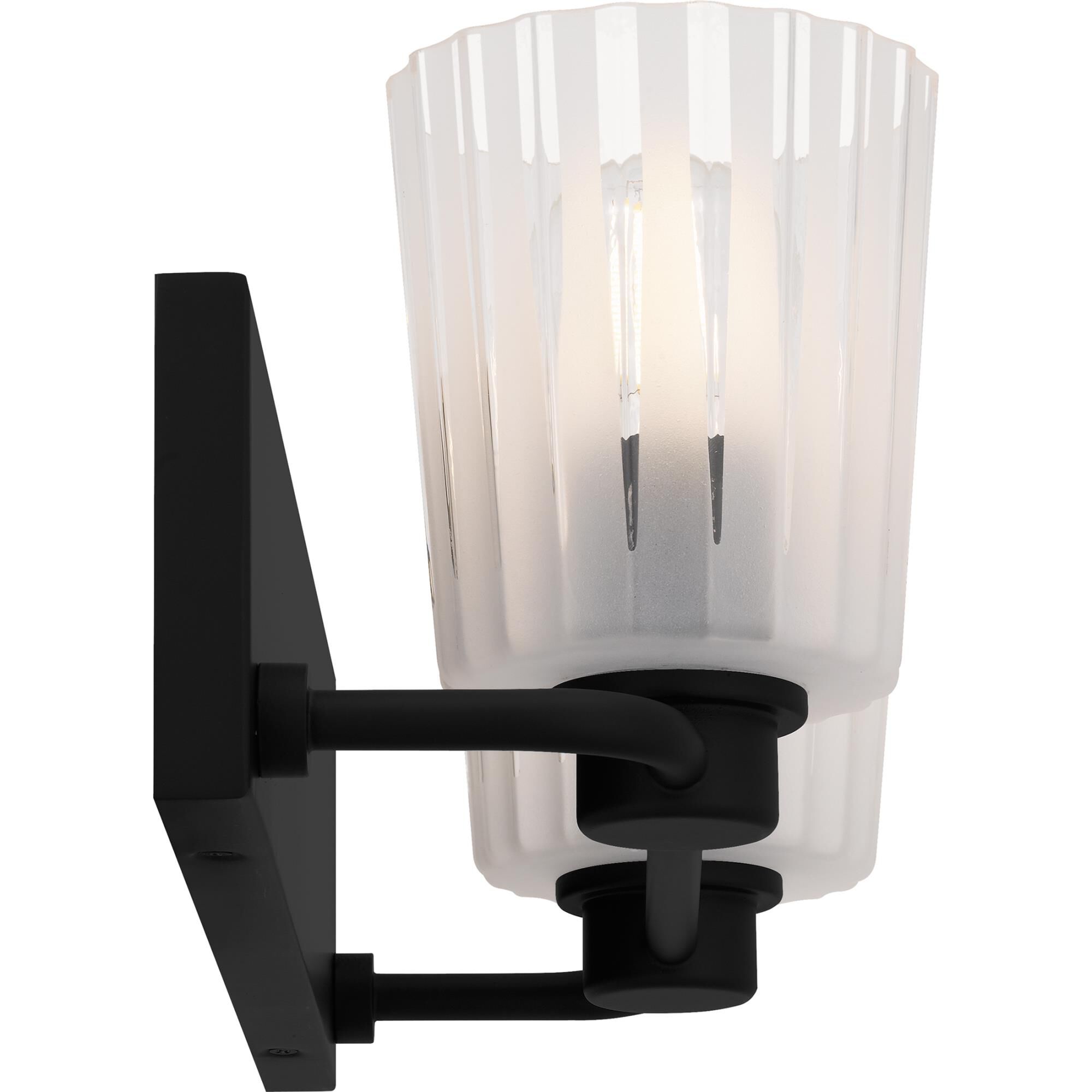 Shown in Matte Black finish and Clear Ribbed Sandblasted Glass shade
