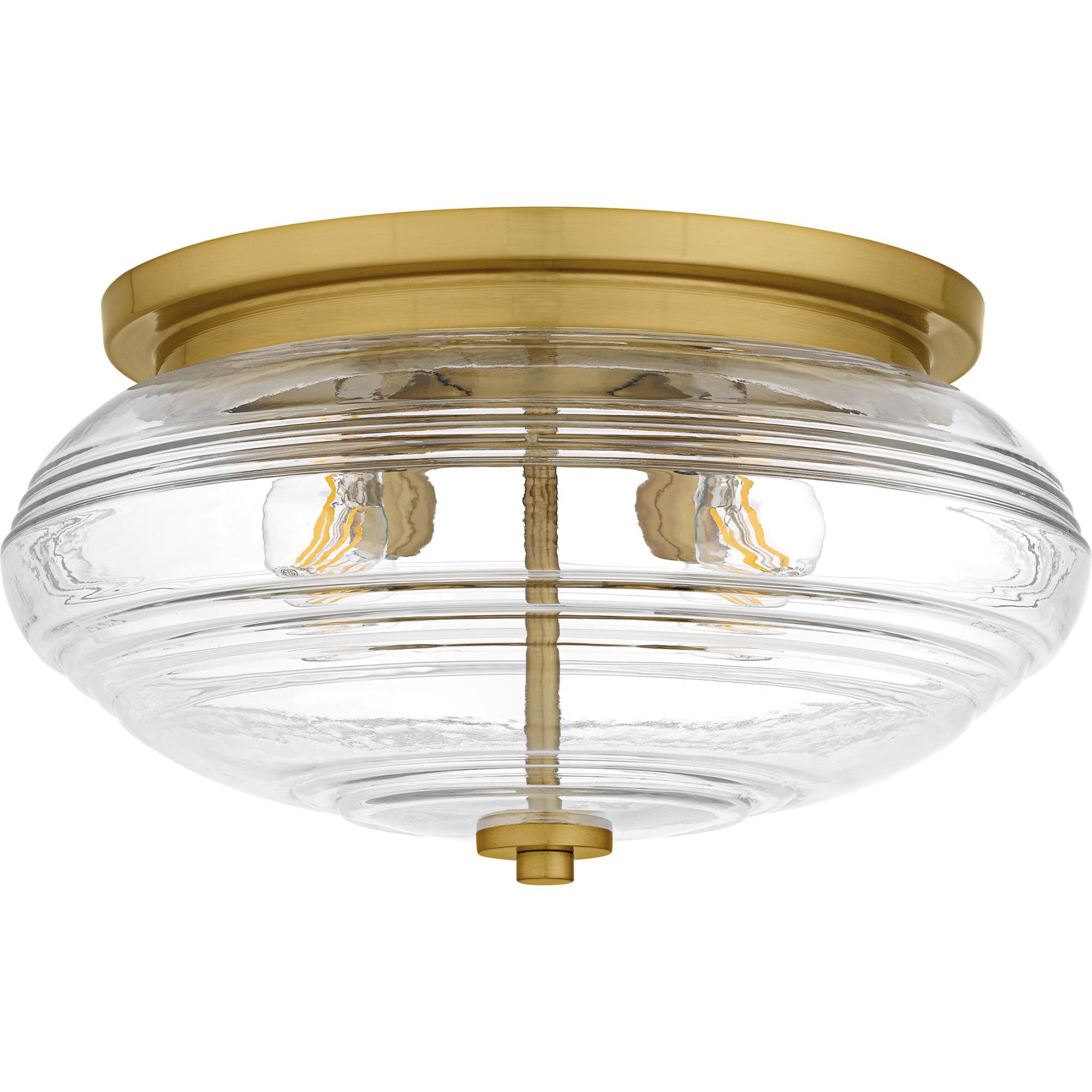 Shown in Brushed Gold finish and Clear Ribbed Glass shade