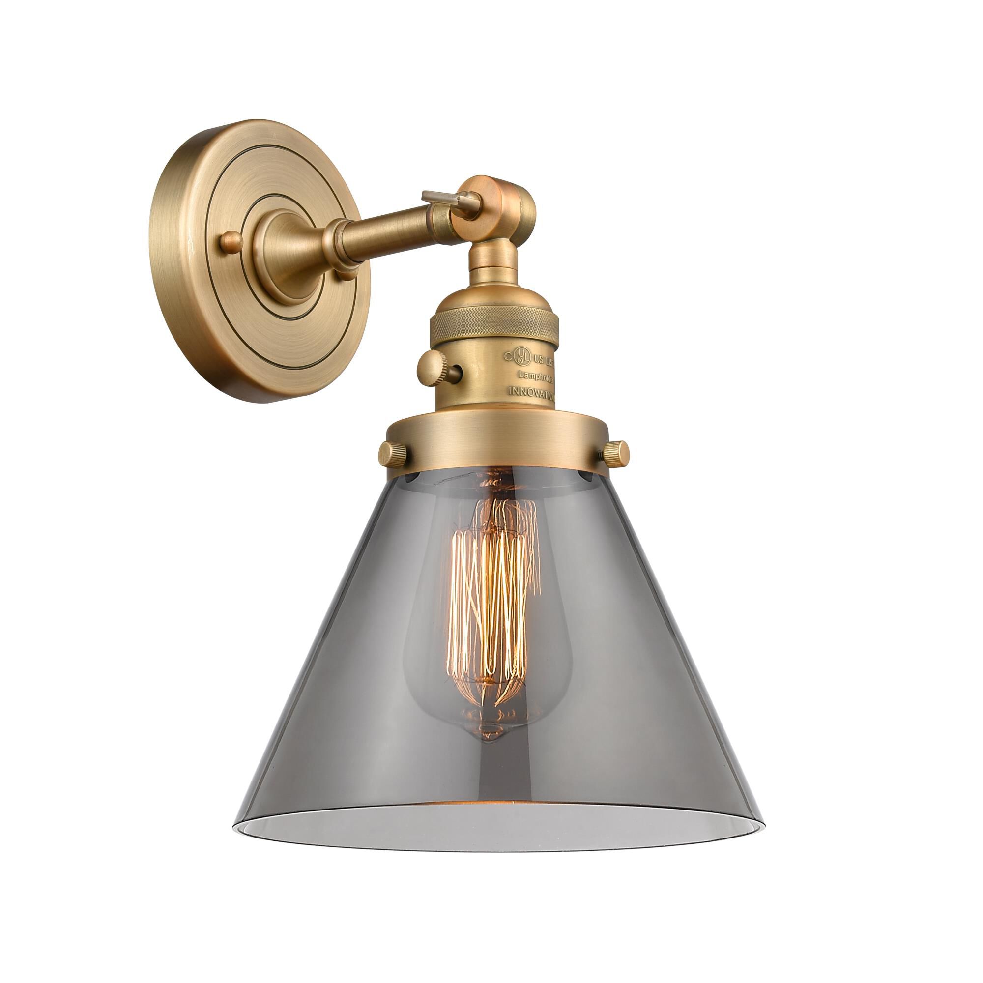 Shown in Brushed Brass finish and Smoked Large Cone glass and Brushed Satin Nickel shade and Switch on Socket accent
