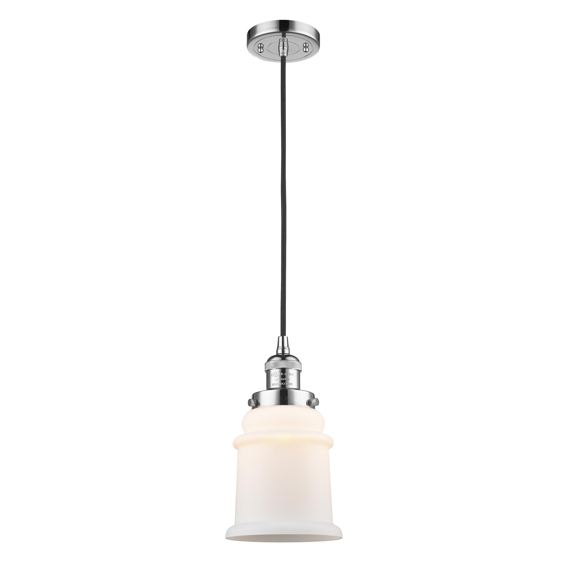 Shown in Polished Chrome finish and Matte White - Bell glass and Black Textured Cord accent