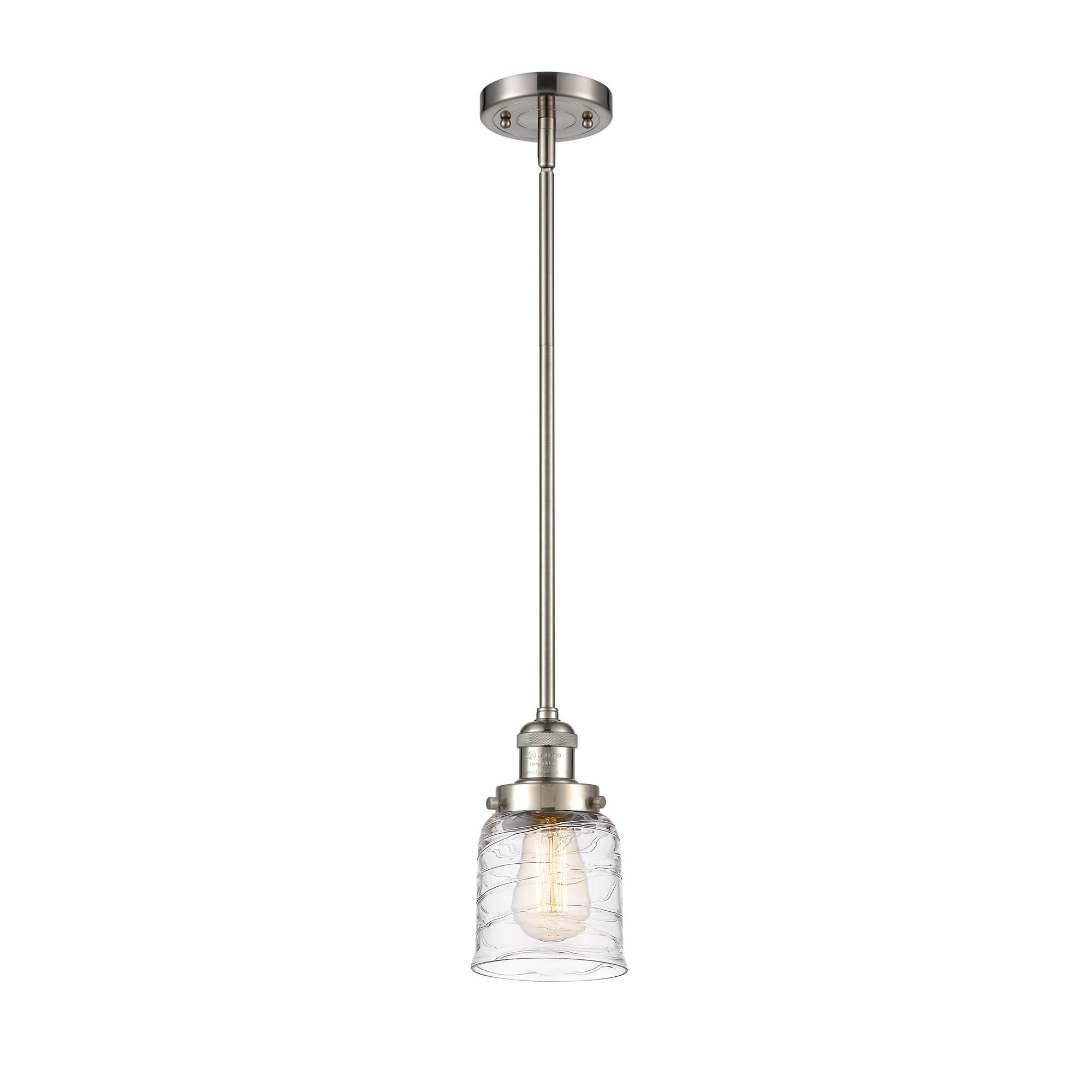 Shown in Brushed Satin Nickel finish and Deco Swirl glass