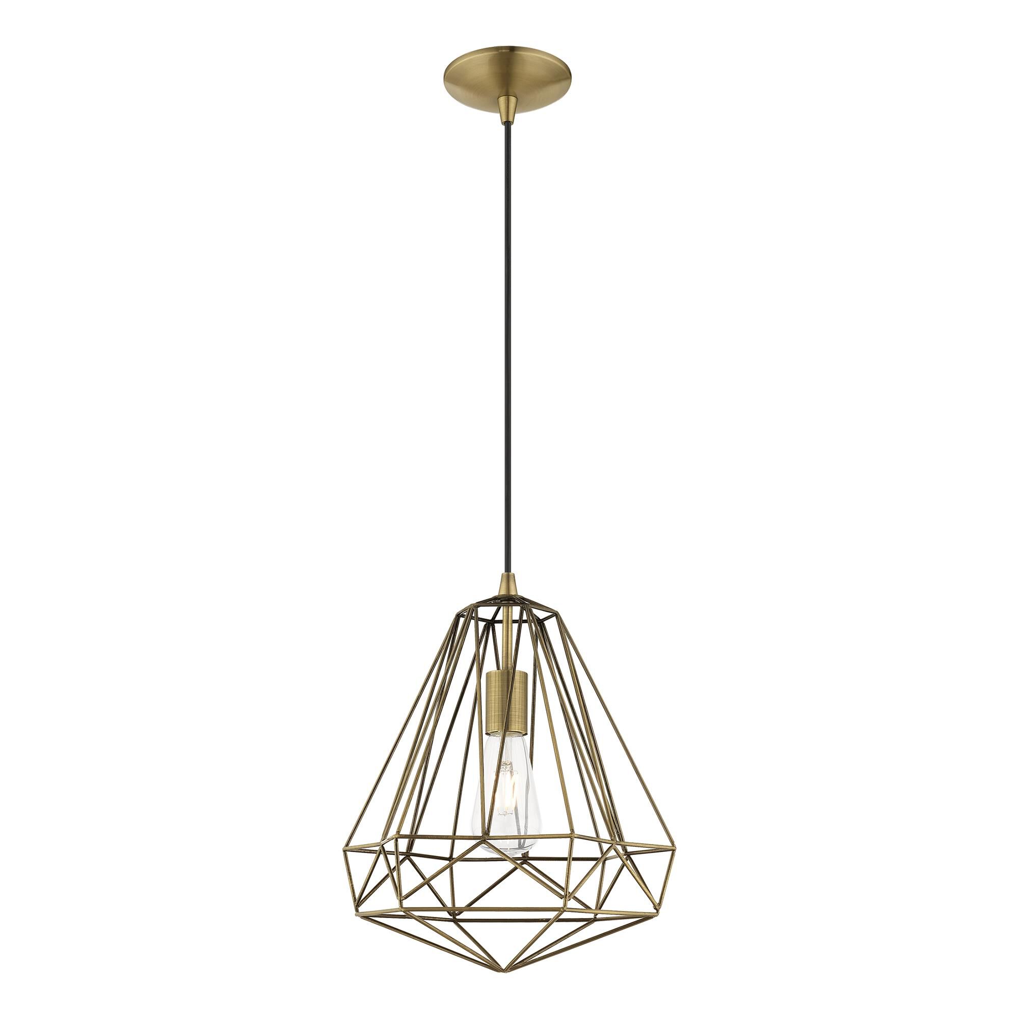 Shown in Antique Brass finish and Antique Brass Geometric Metal shade