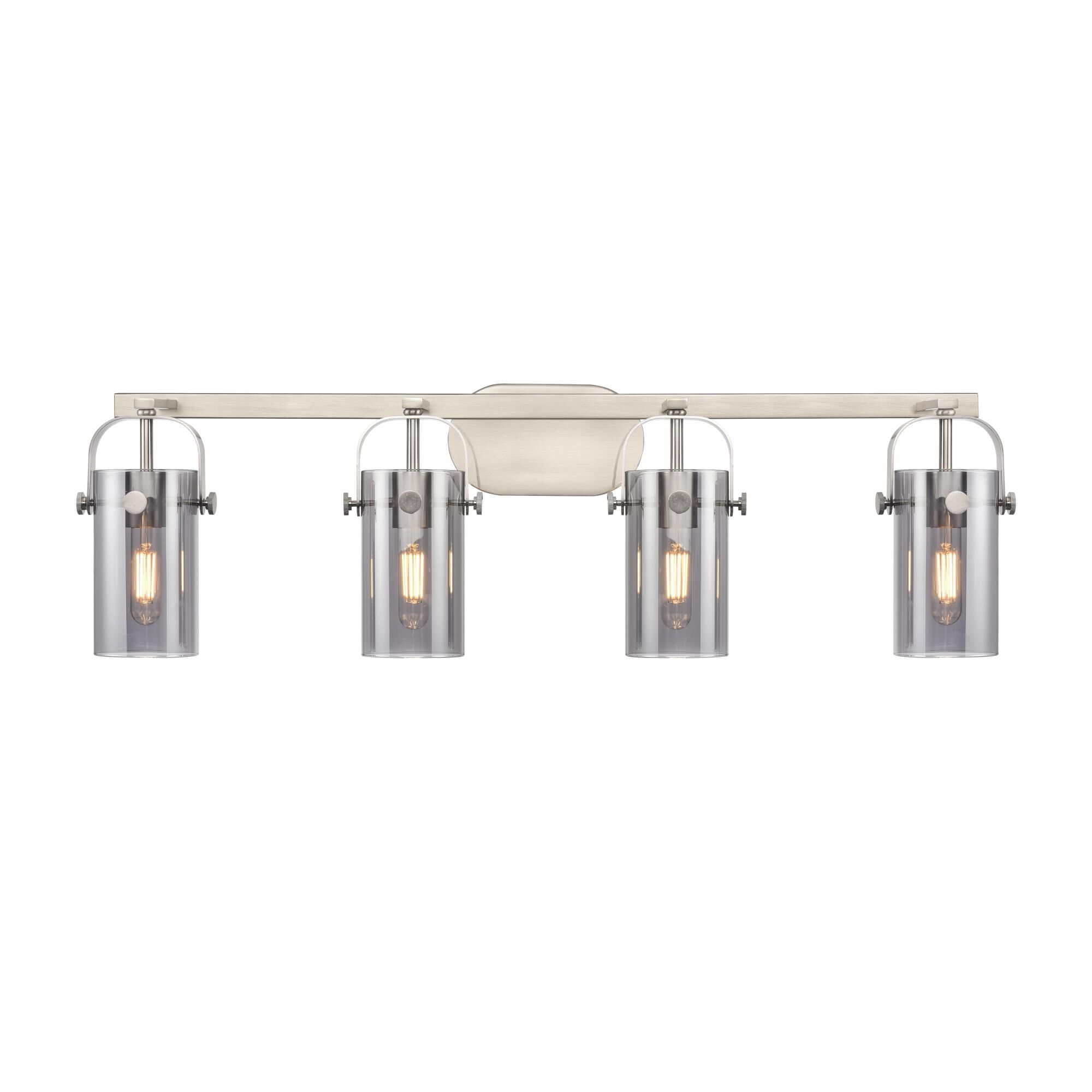 Shown in Satin Nickel finish and Plated Smoke glass and Plated Smoke Glass shade