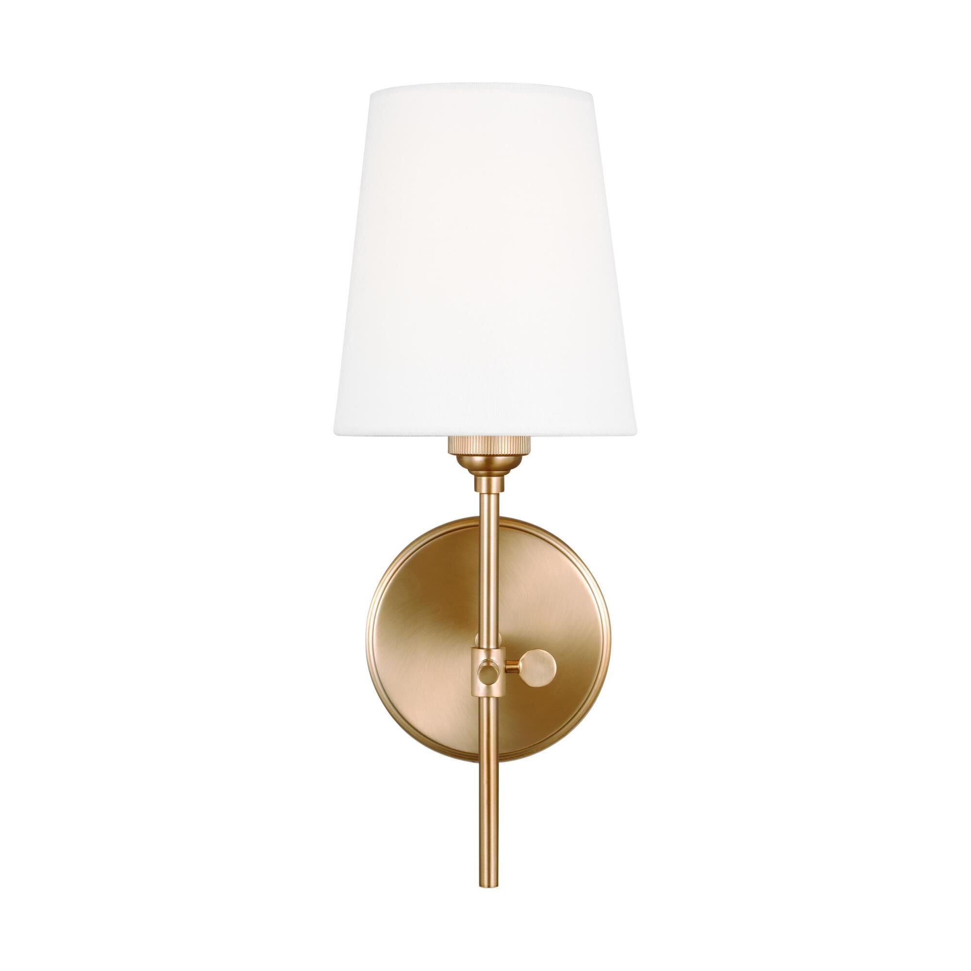 Shown in Satin Brass finish and Bronze Fabric shade