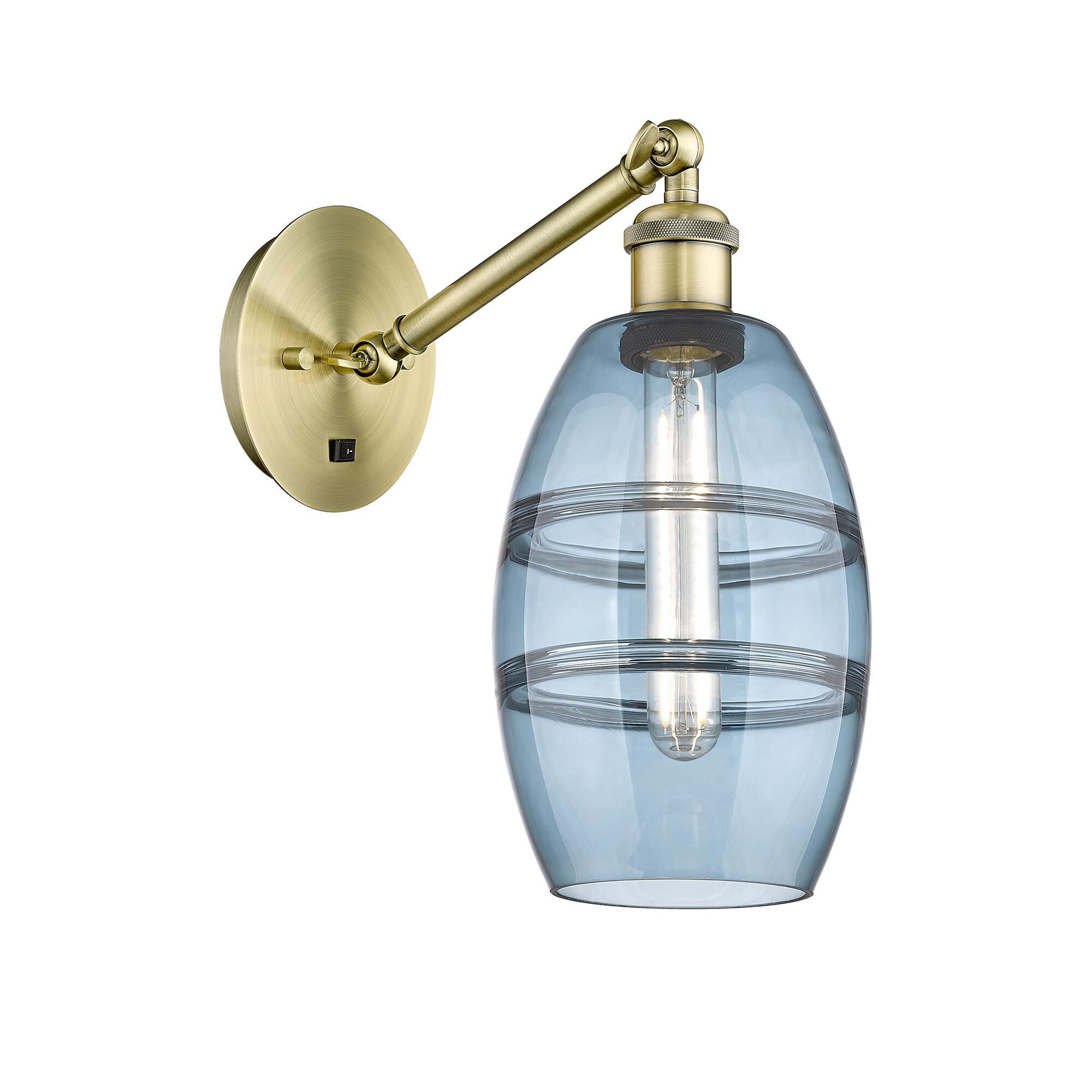 Shown in Antique Brass finish and Princess Blue glass