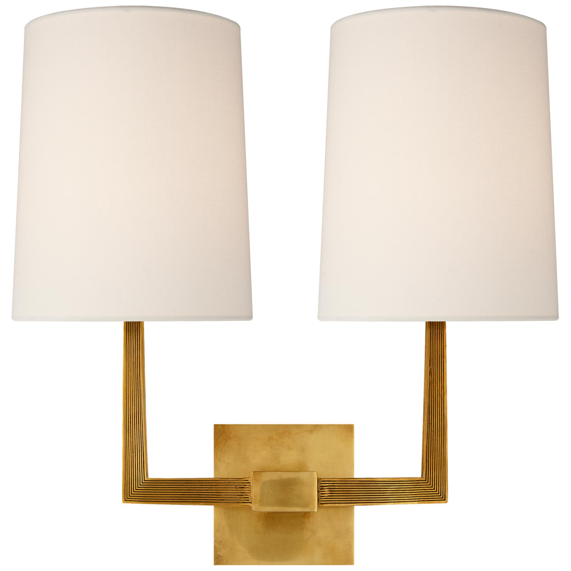 Shown in Soft Brass finish and Linen shade