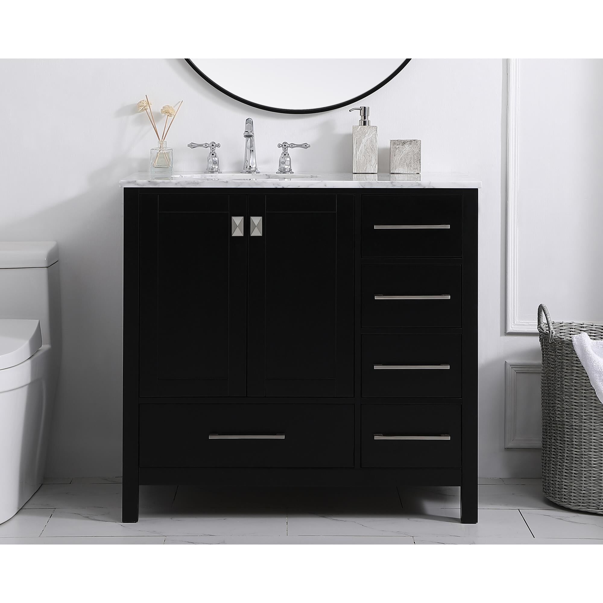 Shown in Black And Brushed Nickel With Carrara White Marble finish