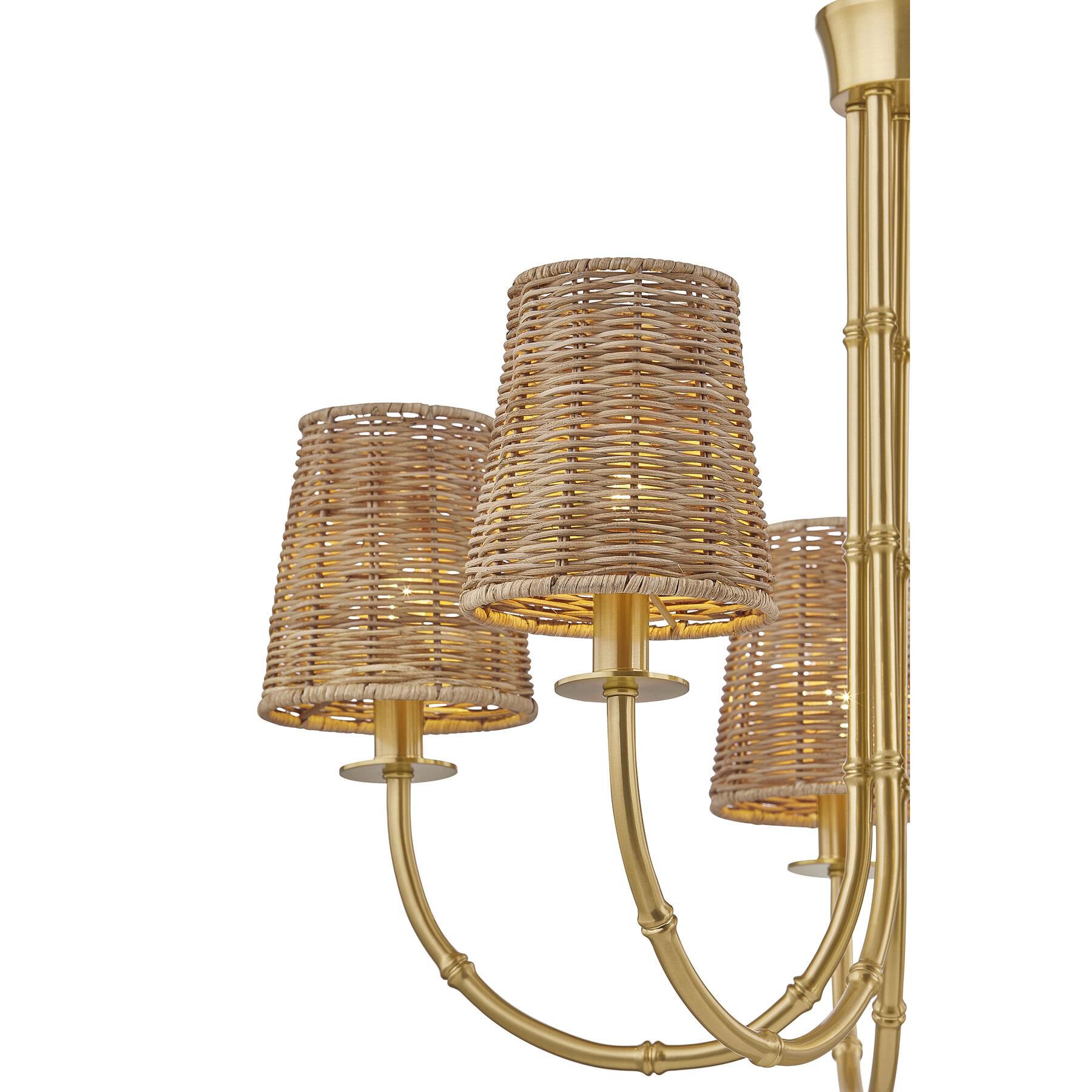 Shown in Warm Brass finish and Rattan shade