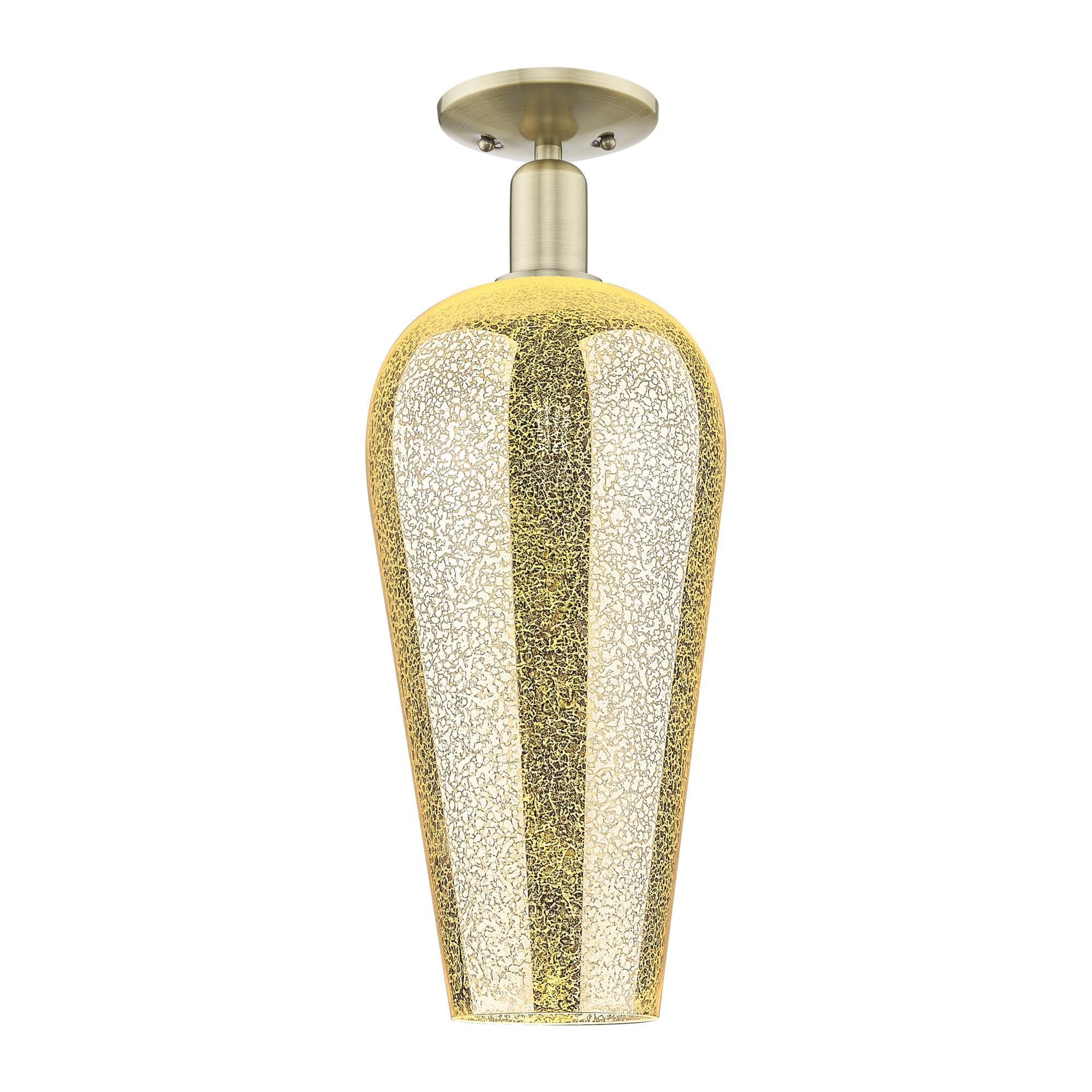 Shown in Antique Brass finish and Mercury Deco Swirl glass