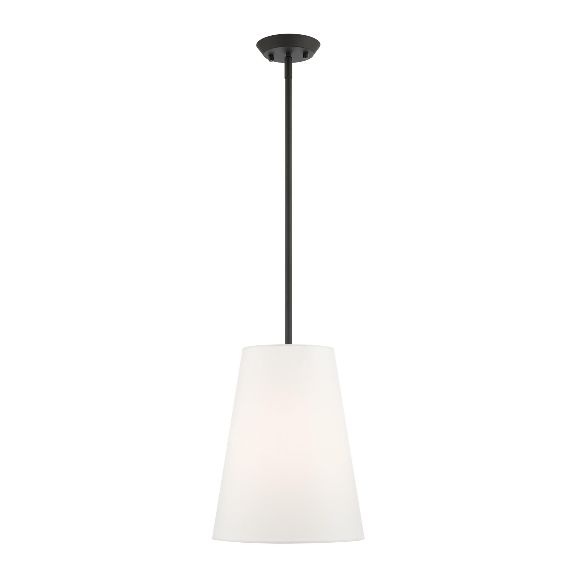 Shown in Black finish and Hand Crafted Off White Fabric Hardback Shade glass and Hand Crafted Off White Fabric Hardback shade