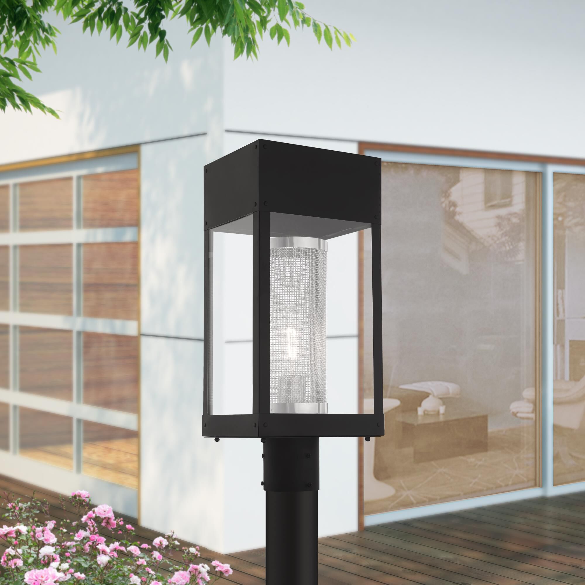 Shown in Black finish and Clear Outside and Stainless Steel Mesh Cylinder Inside glass