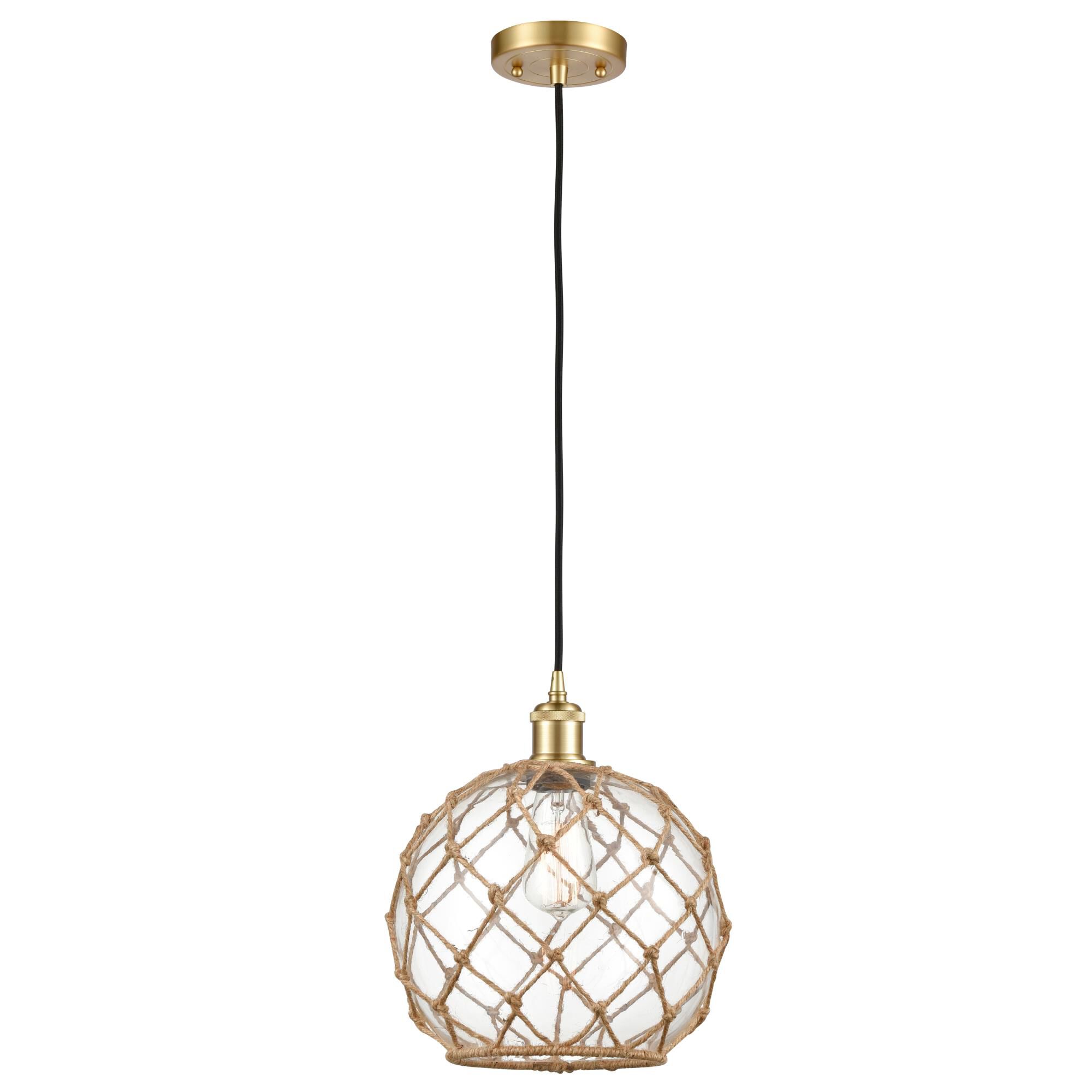 Shown in Satin Gold and Clear finish and Clear Large Farmhouse with Brown Rope glass and No Shade shade