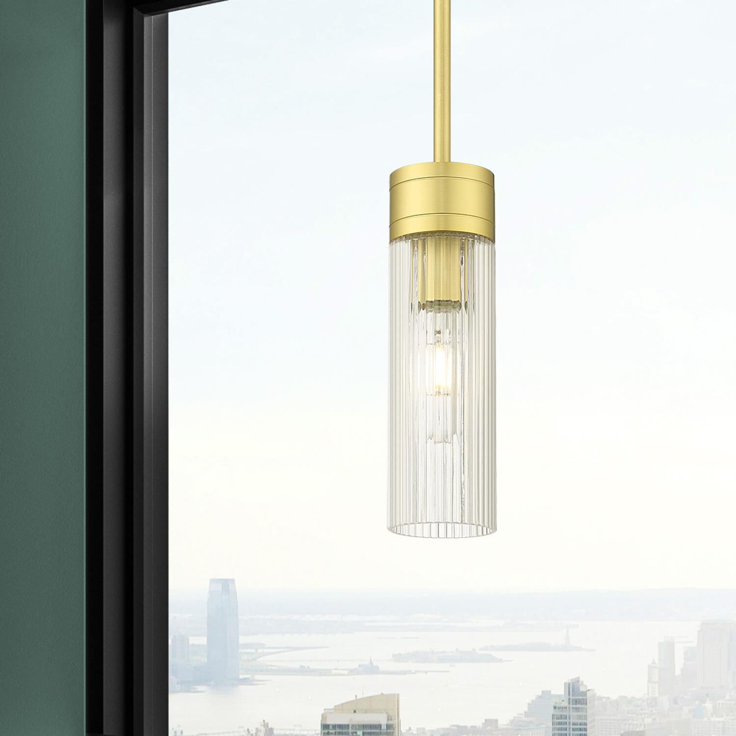 Shown in Satin Gold finish and Striped Clear glass