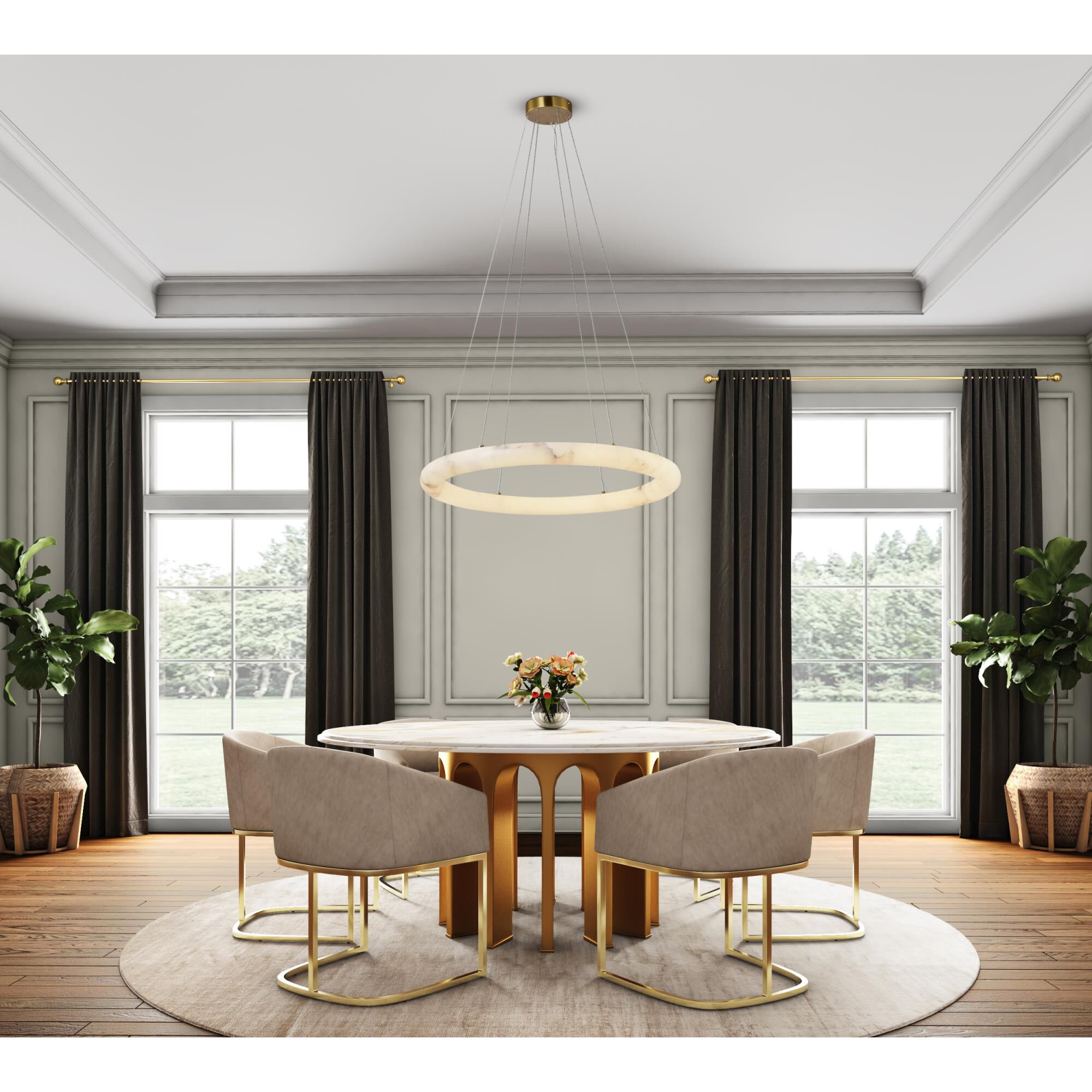 Shown in Brushed Brass finish and Alabaster glass