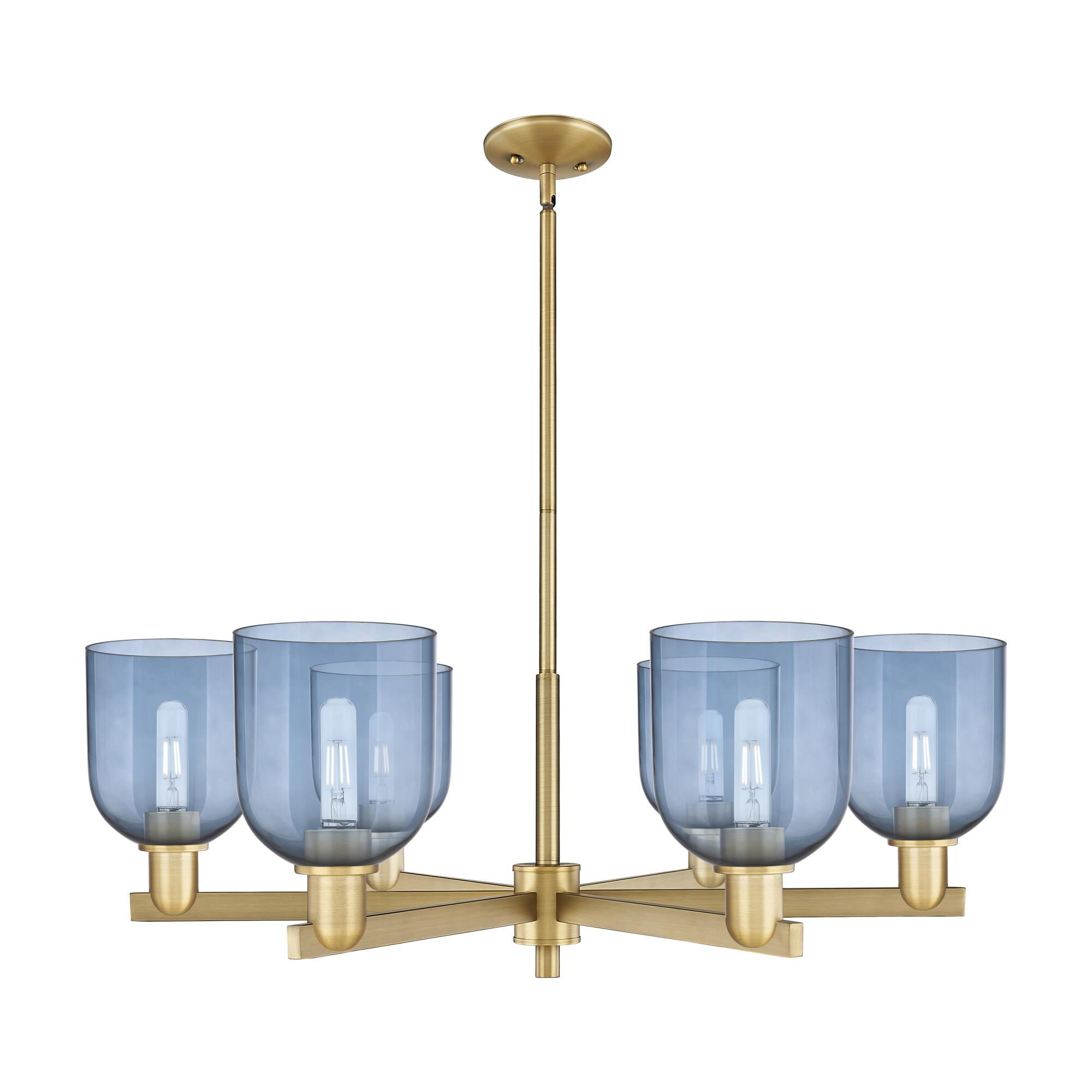 Shown in Brushed Brass finish and Blue glass