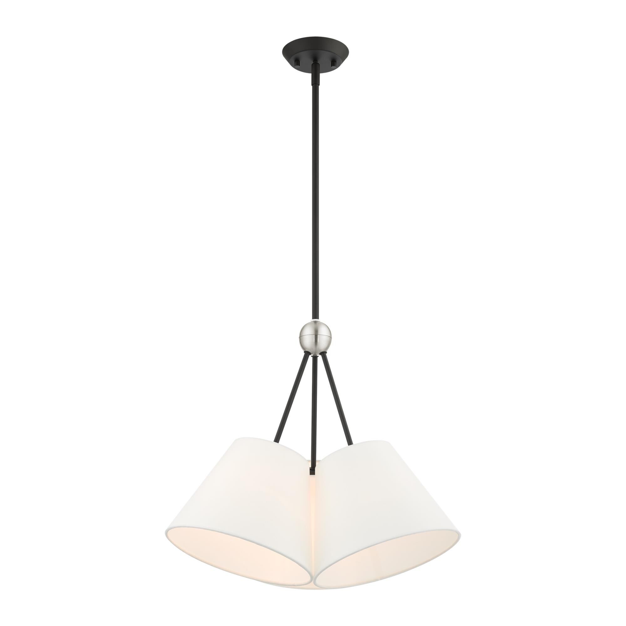 Shown in Black finish and Hand Crafted Off White Fabric Hardback Shade glass and Hand Crafted Off White Fabric Hardback shade