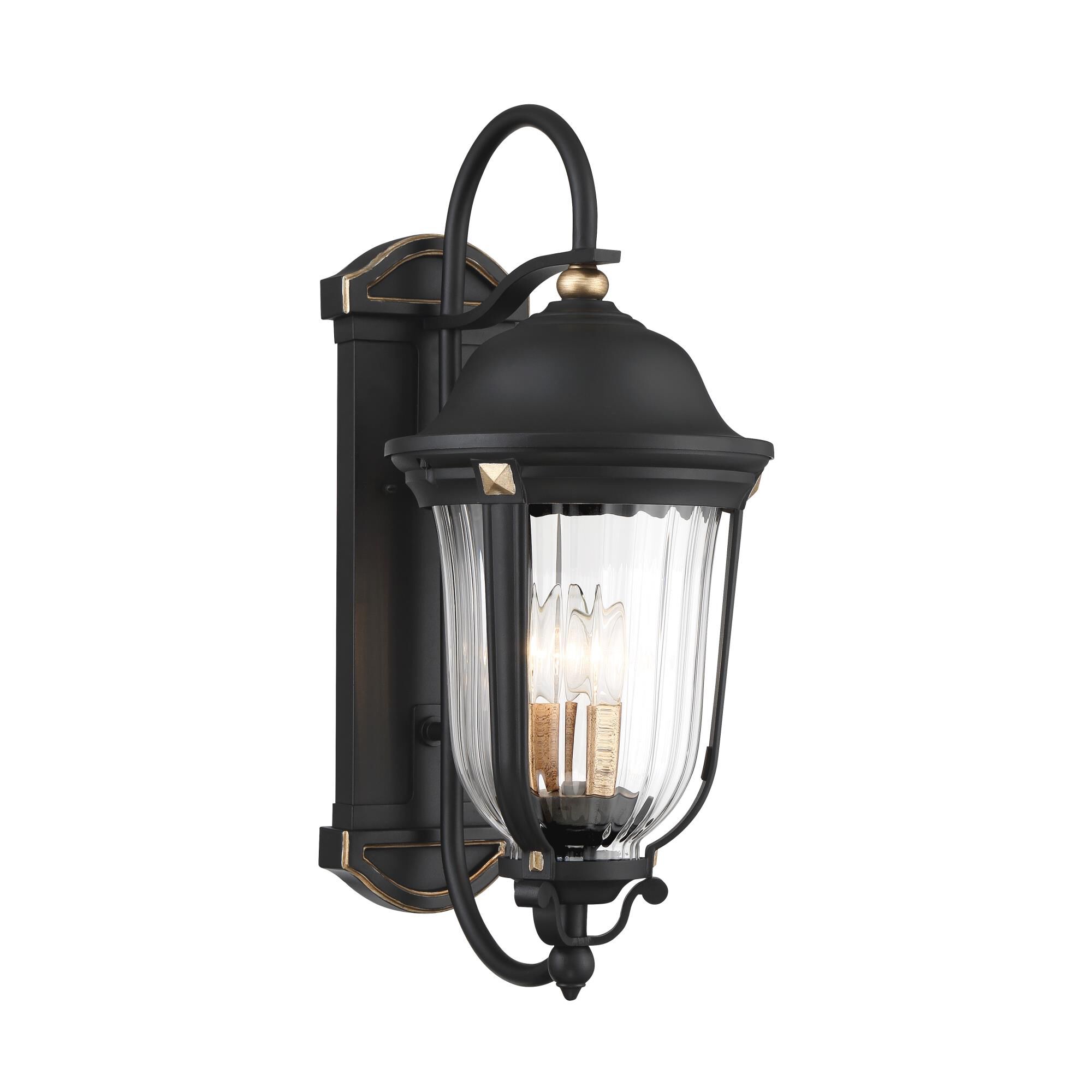 Shown in Sand Coal And Vermeil Gold finish and Clear Optic Ribbed glass and Glass shade