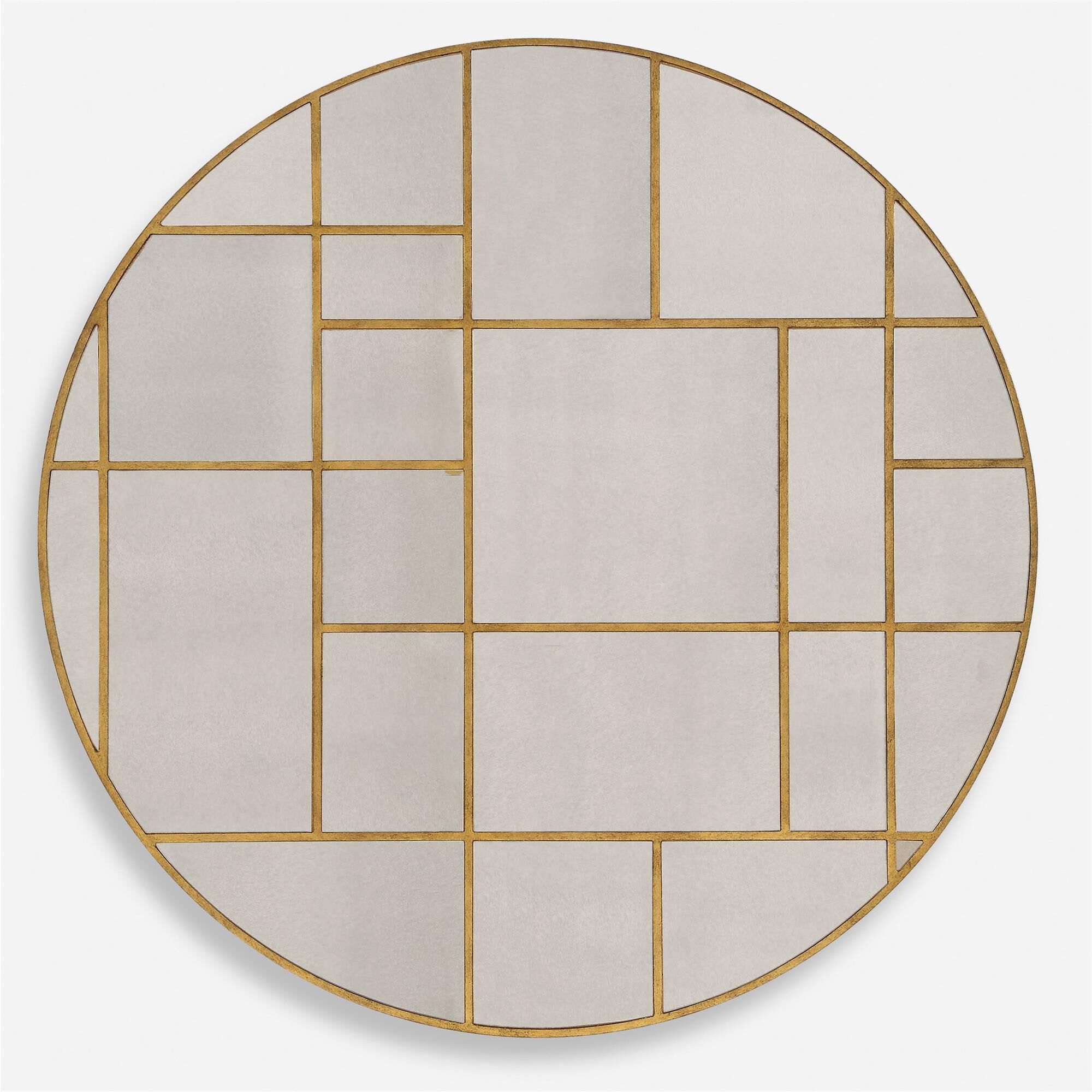 Shown in This Round Mirror Is Adorned With A Geometric Grid Pattern Encasing Individual Mirror Inlays, Finish finish
